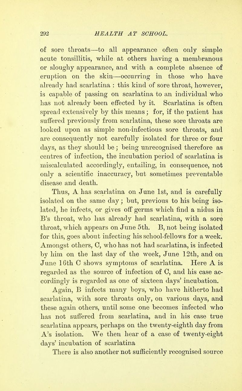 of sore throats—to all appearance often only simple acute tonsillitis, while at others having a membranous or sloughy appearance, and with a complete absence of eruption on the skin—occurring in those who have already had scarlatina : this kind of sore throat, however, is capable of passing on scarlatina to an individual who has not already been effected by it. Scarlatina is often spread extensively by this means; for, if the patient has suffered previously from scarlatina, these sore throats are looked upon as simple non-infectious sore throats, and are consequently not carefully isolated for three or four days, as they should be; being unrecognised therefore as centres of infection, the incubation period of scarlatina is miscalculated accordingly, entailing, in consequence, not only a scientific inaccuracy, but sometimes preventable disease and death. Thus, A has scarlatina on June 1st, and is carefully isolated on the same day; but, previous to his being iso- lated, he infects, or gives off germs which find a nidus in B's throat, who has already had scarlatina, with a sore throat, which appears on June 5th. B, not being isolated for this, goes about infecting his school-fellows for a week. Amongst others, C, who has not had scarlatina, is infected by him on the last day of the week, June 12th, and on June 1 Gth C shows symptoms of scarlatina. Here A is regarded as the source of infection of 0, and his case ac- cordingly is regarded as one of sixteen days' incubation. Again, B infects many boys, who have hitherto had scarlatina, wdth sore throats only, on various days, and these again others, until some one becomes infected who has not suffered from scarlatina, and in his case true scarlatina appears, perhaps on the twenty-eighth day from A's isolation. We then hear of a case of twenty-eight days' incubation of scarlatina There is also another not sufficiently recognised source