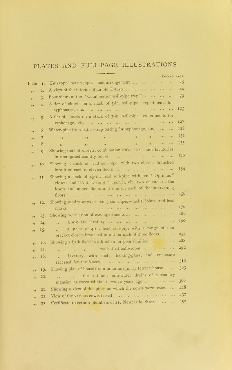 PLATES AND FULL-PAGE ILLUSTRATIONS. FACING PAGE Plate I. Untrapped waste-pipes—bad arrangement 25 2. A view of the interior of an old D-trap 44 3. Four views of the  Combination soil-pipe trap 79 „ 4. A tier of closets on a stack of j-in. soil-pipe—experiments for syphonage, etc ^, 5. A tier of closets on a stack of 3-in. soil-pipe—expeiiments for syphonage, etc „ 6. Water-pipe from bath—trap testing for syphonage, etc 128 152 7- >• >'    ^ „ 8. „ „ »  ^35 9. Showing tiers of closets, combination sinks, baths and lavatories in a supposed country house 4^ „ 10. Showing a stack of lead soil pipe, with two closets Ibranched into it on each of eleven floors '54 „ II. Showing a stack of 4^-in. lead soil-pipe with ten  Optimus  closets and Anti-D-traps  upon it, viz., two on each of the lower and upper floors and one on each of the intervening floors „ 12. Showing sundry ways of fixing soil-pipes—tacks, joints, and lead masks ^, 13. Showing ventilation of w.c. apartments ■• 186 14. ,, a w.c. and lavatory '9° 15. a stack of 4-in. lead soil-pipe with a range of four bracket closets branched into it on each of three f.oors 252 16. Showing a batb fixed in a kitchen for poor families 288 17. „ ,, well-fitted bath-room 292 18. „ lavatory, with shelf, looking-glass, and enclosure recessed for the knees 3^° 19. Showing piau of house-drain in an imaginary terrace house ... 363 20. ,, ,, the soil and rain-water drains of a country mansion as executed about twelve years ago 3^6 21. Showing a view of the pipes on which the cowls were tested ... 428 22. View of the various cowls tested • ••• 43^ 23. Certificate to certain plumbers of 21, Newcastle Street 45° 156 170 »»