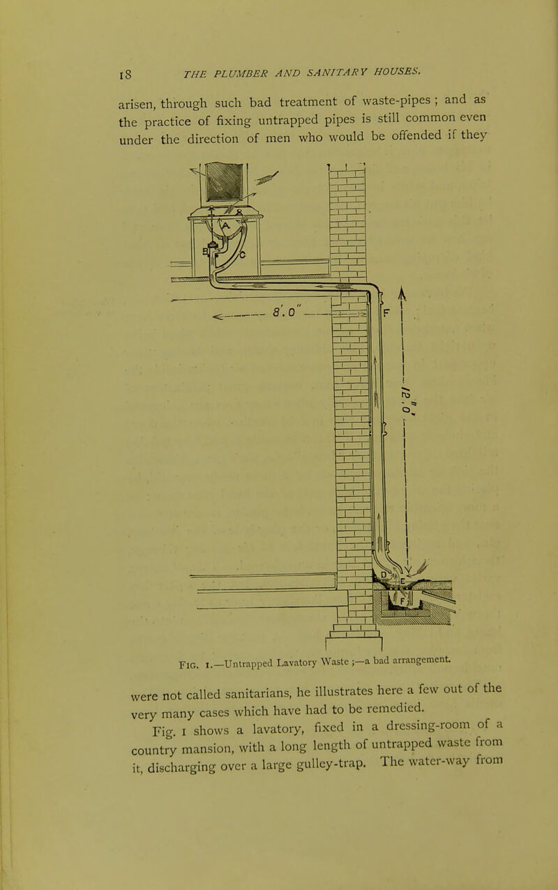 arisen, through such bad treatment of waste-pipes; and as the practice of fixing untrapped pipes is still common even under the direction of men who would be offended if they Fig. I.—Untrapped Lavatory Waste a bad arrangement were not called sanitarians, he illustrates here a few out of the very many cases which have had to be remedied. Fig I shows a lavatory, fixed in a dressing-room of a country mansion, with a long length of untrapped waste from it, discharging over a large guUey-trap. The water-way from