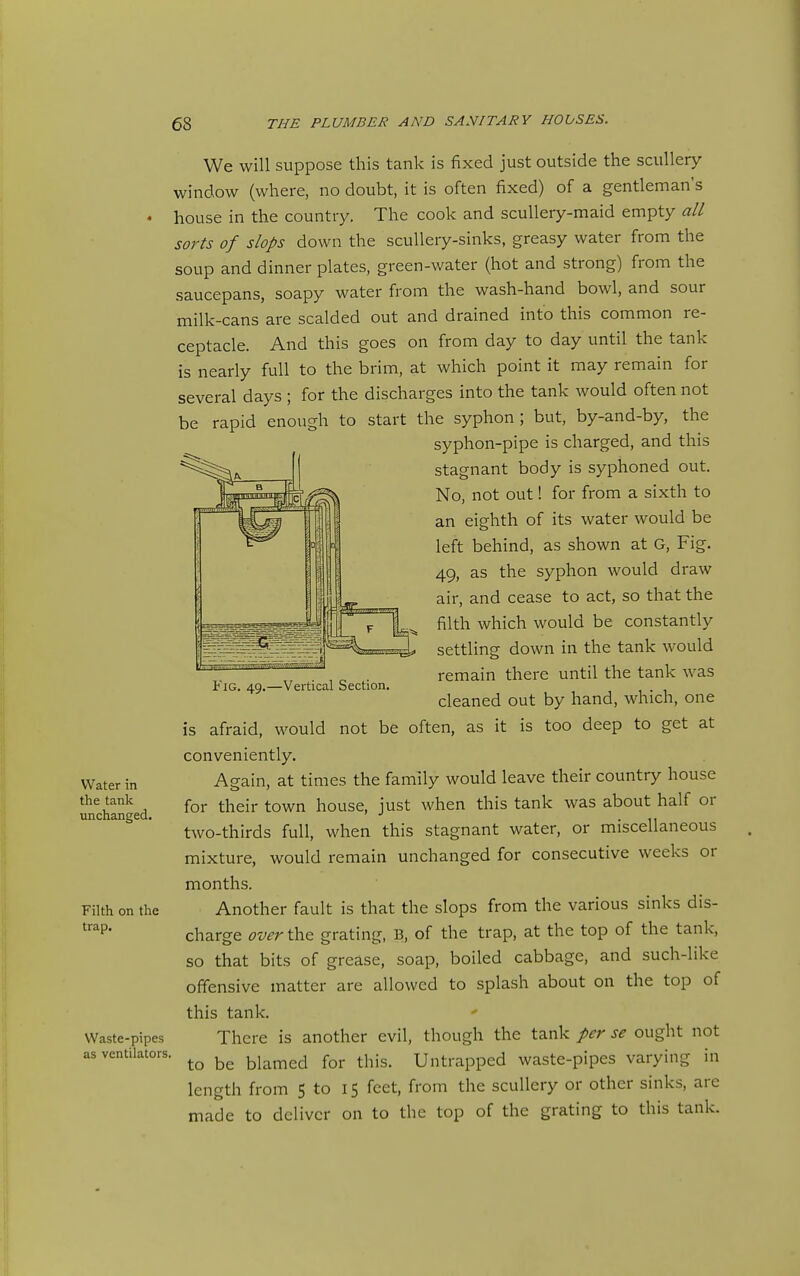 We will suppose this tank is fixed just outside the scullery- window (where, no doubt, it is often fixed) of a gentleman's house in the country. The cook and scullery-maid empty all sorts of slops down the scullery-sinks, greasy water from the soup and dinner plates, green-water (hot and strong) from the saucepans, soapy water from the wash-hand bowl, and sour milk-cans are scalded out and drained into this common re- ceptacle. And this goes on from day to day until the tank is nearly full to the brim, at which point it may remain for several days ; for the discharges into the tank would often not be rapid enough to start the syphon; but, by-and-by, the syphon-pipe is charged, and this stagnant body is syphoned out. No, not out! for from a sixth to an eighth of its water would be left behind, as shown at G, Fig. 49, as the syphon would draw air, and cease to act, so that the filth which would be constantly settling down in the tank would remain there until the tank was cleaned out by hand, which, one is afraid, would not be often, as it is too deep to get at conveniently. Again, at times the family would leave their country house for their town house, just when this tank was about half or two-thirds full, when this stagnant water, or miscellaneous mixture, would remain unchanged for consecutive weeks or months. Another fault is that the slops from the various sinks dis- charge over the grating, B, of the trap, at the top of the tank, so that bits of grease, soap, boiled cabbage, and such-like offensive matter are allowed to splash about on the top of this tank. There is another evil, though the tank per se ought not to be blamed for this. Untrapped waste-pipes varying in length from 5 to 15 feet, from the scullery or other sinks, are made to deliver on to the top of the grating to this tank. Fig. 49.—Vertical Section.