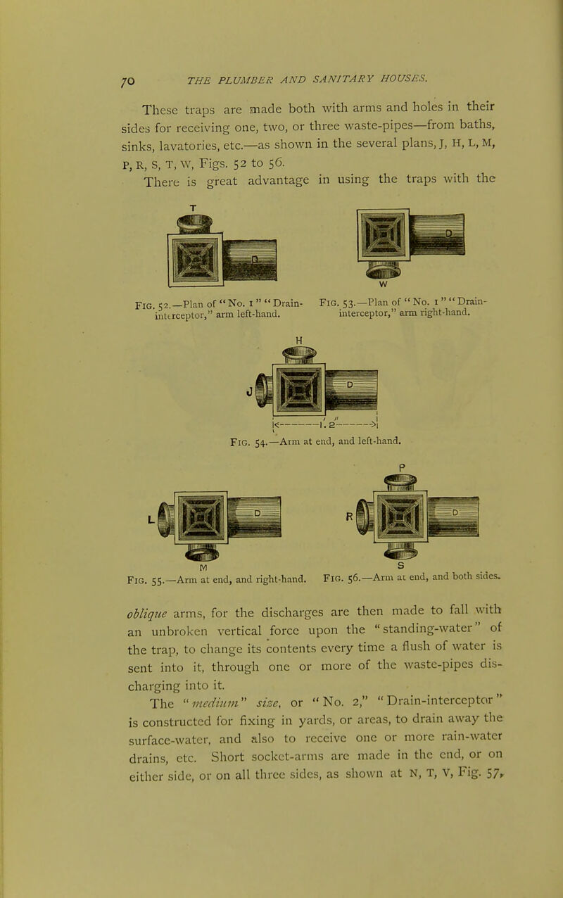 These traps are made both with arms and holes in their sides for receiving one, two, or three waste-pipes—from baths, sinks, lavatories, etc.—as shown in the several plans, J, H, L, M, P, R, S, T, w, Figs. 52 to 56. There is great advantage in using the traps with the Fig. 52.—Plan of  No. i   Drain- Fig. 53.—Plan of  No. i   Drain- inttrceptor, arm left-hand. interceptor, arm right-hand. l< 1.2 ->1 Fig. 54.—Arm at end, and left-hand. lllMllllipf M S Fig. 55.—Arm at end, and right-hand. FiG. 56.—Arm at end, and both sides. oblique arms, for the discharges are then made to fall with an unbroken vertical force upon the standing-water of the trap, to change its contents every time a flush of water is sent into it, through one or more of the waste-pipes dis- charging into it. The medium size, or No. 2, Drain-interceptor is constructed for fixing in yards, or areas, to drain away the surface-water, and also to receive one or more rain-water drains, etc. Short socket-arms are made in the end, or on either side, or on all three sides, as shown at N, T, V, Fig. 57^