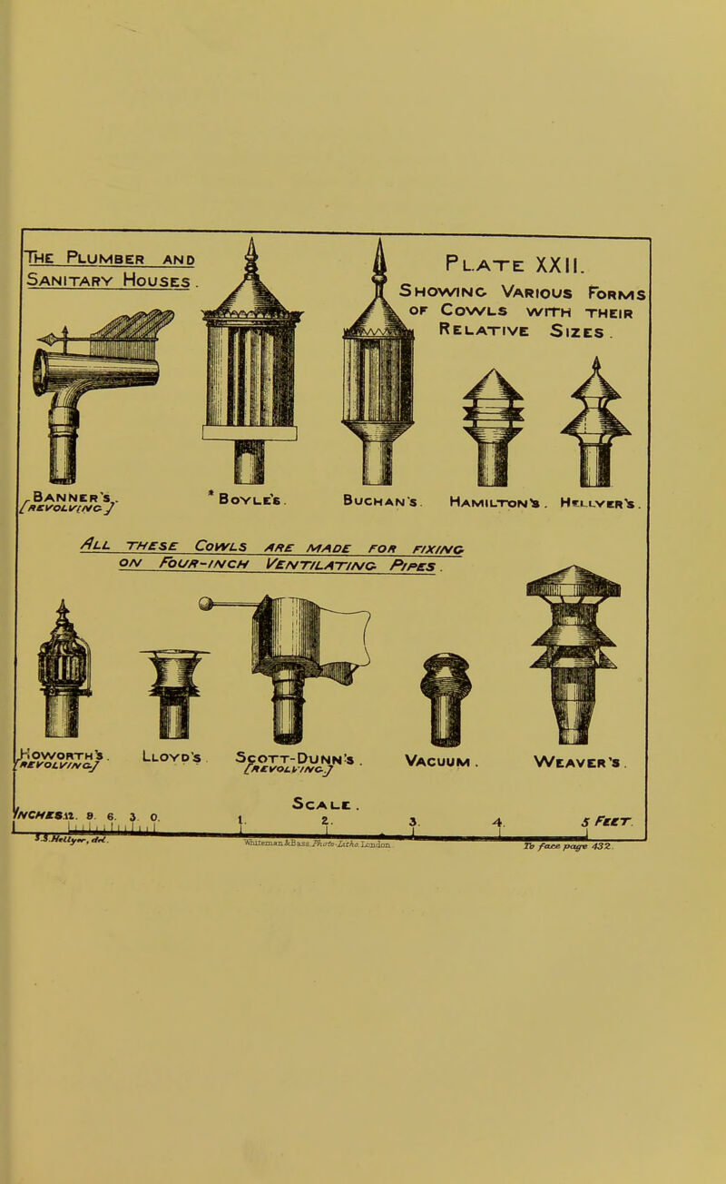 , Banner's,. The Plumber and Sanitarv Houses . Plate XXII. Showing Various Forms OF Cowls with their Relative Sizes. * Bovue's. BUCHAN'S. HAMILTX>NTa. HsLUYER'lS. ^LL THESE Cowls Afte made ro/t r/x//VG ON F0Ufi-/NCH VENT/LA-r//\/G- P//»£S . ^owobth's . Lloyd's Scott-I>u NN-». Vacuum. Weaver's ^NCHm^xt. ». 6. 3 0 1—■■ I I I I I I l| I I I I I , Scale 5 Feer. To fcux paffB 43Z. I