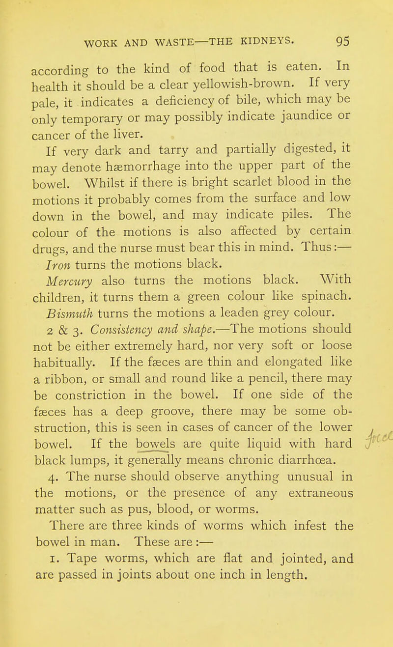 according to the kind of food that is eaten. In health it should be a clear yellowish-brown. If very pale, it indicates a deficiency of bile, which may be only temporary or may possibly indicate jaundice or cancer of the liver. If very dark and tarry and partially digested, it may denote haemorrhage into the upper part of the bowel. Whilst if there is bright scarlet blood in the motions it probably comes from the surface and low down in the bowel, and may indicate piles. The colour of the motions is also affected by certain drugs, and the nurse must bear this in mind. Thus:— Iron turns the motions black. Mercury also turns the motions black. With children, it turns them a green colour like spinach. Bismtith turns the motions a leaden grey colour. 2 & 3. Consistency and shape.—The motions should not be either extremely hard, nor very soft or loose habitually. If the faeces are thin and elongated like a ribbon, or small and round like a pencil, there may be constriction in the bowel. If one side of the faeces has a deep groove, there may be some ob- struction, this is seen in cases of cancer of the lower bowel. If the bowels are quite liquid with hard black lumps, it generally means chronic diarrhoea. 4. The nurse should observe anything unusual in the motions, or the presence of any extraneous matter such as pus, blood, or worms. There are three kinds of worms which infest the bowel in man. These are :— I. Tape worms, which are flat and jointed, and are passed in joints about one inch in length.