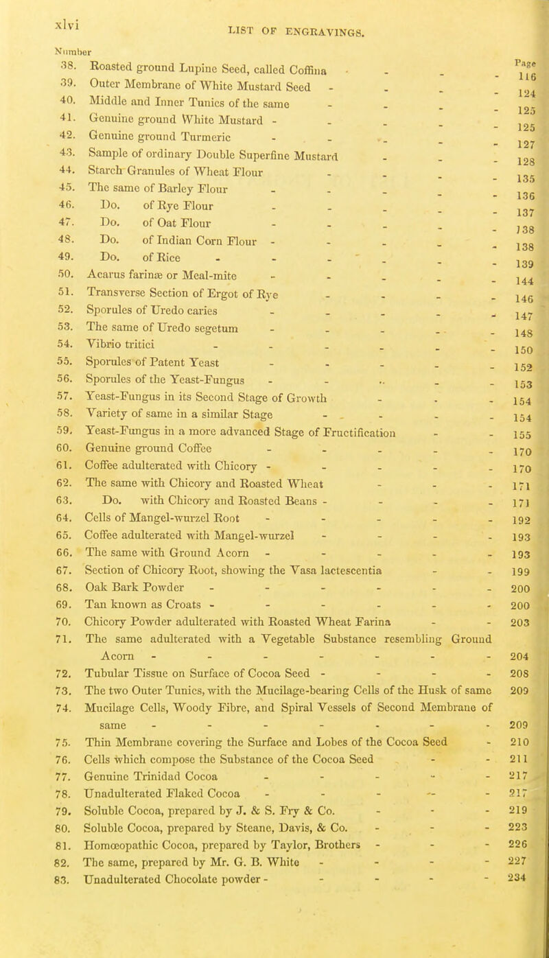 Numbur •38. Eoasted ground Lupine Seed, called Coffiiia - - Outer Membrane of White Mustard Seed - Middle and Inner Tunics of the same - Genuine ground White Mustard - - . . _ Genuine ground Turmeric Sample of ordinary Double Superfine Mustard Starch Granules of Wheat Flour ... The same of Barley Flour - - . _ Do. of Eye Flour - . . _ Do. of Oat Flour - . . . _ Do. of Indian Corn Flour - - . . . Do. ofEice - - - . Acarus fariniB or Meal-mite - - . . . Transverse Section of Ergot of Eye .... Sporules of Uredo caries - - . . . The same of Uredo segetum Vibrio ti-itici Sporules of Patent Yeast - . - . _ Sporules of the Yeast-Fungus Yeast-Fungus in its Second Stage of Growth Variety of same in a similar Stage - - - . Yeast-Fungns in a more advanced Stage of Fructification Genuine ground Coifee - - . . . Coffee adulterated with Chicory - - . - . The same with Chicory and Roasted Wheat - - - Do, with Chicory and Roasted Beans - - - . Cells of Mangel-wurzel Root - - . . . Coffee adulterated with Mangel-wurzel - - - . The same with Ground xVcorn - - - . . Section of Chicory Root, sho\ving the Vasa lactescentia Oak Bark Powder Tan known as Croats ------ Chicory Powder adulterated with Roasted Wheat Farina The same adulterated with a Vegetable Substance resembling Ground Acorn Tubular Tissue on Surface of Cocoa Seed - - - - The two Outer Tunics, with the Mucilage-bearing Cells of the Husk of same Mucilage Cells, Woody Fibre, and Spiral Vessels of Second Membrane of same ....... 75. Thin Membrane covering the Surface and Lobes of the Cocoa Seed 76. Cells which compose the Substance of the Cocoa Seed 77. Genuine Trinidad Cocoa . . . - - 78. Unadulterated Flaked Cocoa - - . — . 79. Soluble Cocoa, prepared by J. & S. Fiy & Co. 80. Soluble Cocoa, prepared by Stcane, Davis, & Co. ... 81. Homoeopathic Cocoa, prepared by Taylor, Brothers - - - 82. The same, prepared by Mr. G. B. White - - - - 83. Unadulterated Chocolate powder - - - - - 39. 40. 41. 42. 43. 44. 45. 46. 47. 48. 49. 50. 51. 52. 53. 54. 55. 56. 57. 58. 59, 60. 61. 62. 63. 64, 65. 66. 67. 68. 69. 70. 71. 72, 73. 74. Page 116 124 125 125 127 128 135 136 137 138 138 139 144 146 147 148 150 152 153 154 154 155 170 170 171 171 192 193 193 199 200 200 203 204 208 209 209 210 211 217 .917 219 223 226 227 234