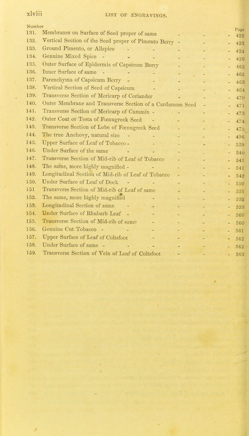 Number Page - 422 131. Membranes ou Surface of Seed proper of same 132. V ertical bection of tlie Seed proper of Pimento Beny - - 423 133. Ground Pimento, or Allspice - . . . - 424 134. Genuine Mixed Spice - - - . . - 420 135. Outer burtace oi Epidermis of Capsicum Berry - 462 136. Inner Surface of same - - - , . - 462 137. 1 arenchyma of Capsicum Berry - . . . - 463 138. vertical Section of Seed of Capsicum ... - 464 139. Ti-ansverse Section of Mericarp of Coriander - 470 140. Outer Membrane and Transverse Section of a Cardamom Seed - - 471 141. Iransverse Section of Mericarp of Cummin - - 473 142. Outer Coat or Testa of Fojnugreck Seed - 474 143. Transverse Section of Lobe of Fcenugreek Seed - 475 144. The true Anchovy, natural size - - . . - 406 145. U pper Surface of Leaf of Tobacco - - - . - 539 14G. under surface of the same - . . _ - 540 147. Transverse Section of Mid-rib of Leaf of Tobacco - 541 148. The same, more highly magnified - - . . - 541 149. Longitudinal Section of Mid-rib of Leaf of Tobacco - 542 150. Under Smface of Leaf of Dock - - . . •• 550 151 Transverse Section of Mid-rib of Leaf of same - 551 152. rr^l- I'll • 1 ihe same, more highly magnified - - . - 5.52 153. Longitudinal Section of same - - . - 553 154. Under Smface of Ehubarb Leaf - - - . - 560 155. Transverse Section of Mid-rib of same - - - - 560 156. Genuine Cut Tobacco - - - - . - 561 157. Upper Surface of Leaf of Coltsfoot - - - - 562 158. Under Surface of same - - . . . - 562 159. Transverse Section of Vein of Leaf of Coltsfoot - 563