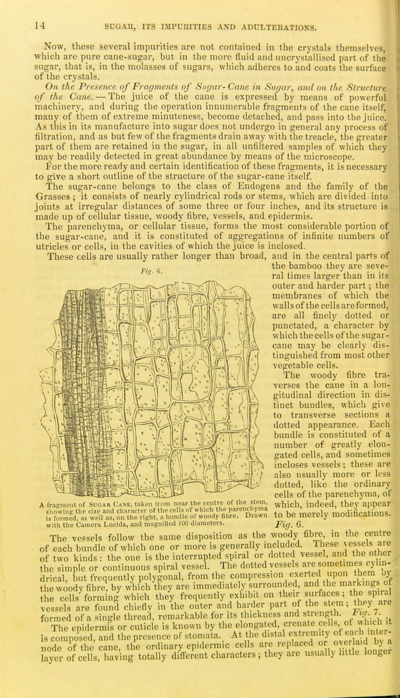 Fis: Now, these several impurities are not contained in the crystals themselves, which arc pure cane-sugar, but in the more fluid and uncrystalliscd part of tlie sugar, that is, in the molasses of sugars, which adheres to and coats the surface of the crystals. On the Presence of Fragments of Sugar- Cane in Sugar, and on the Structure of the Cane. — The juice of tlie cane is expressed by means of powerful machinery, and during the operation innumerable fragments of the cane itself, many of Ihem of extreme minuteness, become detached, and pass into the juice. As this in its manufacture into sugar does not undergo in general any process of filtration, and as but few of the fragments drain away with the treacle, the greater part of them are retained in the sugar, in all unfiltered samples of which they may be readily detected in great abundance by means of the microscope. For the more ready and certain identification of these fragments, it is necessary to give a short outline of the structure of the sugar-cane itself. The sugar-cane belongs to the class of Endogens and the family of the Grasses ; it consists of nearly cylindrical rods or stems, which are divided into joints at irregular distances of some three or four inches, and its structure is made up of cellular tissue, v/oody fibre, vessels, and epidermis. The parenchyma, or cellular tissue, forms the most considerable portion of the sugar-cane, and it is constituted of aggregations of infinite numbers of uti'icles or cells, in the cavities of which the juice is inclosed. These cells are usually rather longer than broad, and in the central parts of the bamboo they are seve- ral times larger than in its outer and harder part; the membranes of which the walls of the cells are formed, are all finely dotted or punctated, a character by which the cells of the sugar- cane may be clearly dis- tinguished from most other vegetable cells. The woody fibre tra- verses the cane in a lon- gitudinal direction in dis- tinct bundles, which give to transverse sections a dotted appearance. Each bundle is constituted of a number of greatly elon- gated cells, and sometimes incloses vessels; these are also usually more or less dotted, like the ordinary cells of the parenchyma, of which, indeed, they appear to be merely modifications. Fig. 6. The vessels follow the same disposition as the woody fibre, in the centre of each bundle of which one or more is generally included. Ihese vessels are of two kinds: the one is the interruptcdjpiral or dotted vessel, and the other the simple or continuous spiral vessel, drical, but frequently polygonal, from the compression the spiral Drawn A fraement of SUGAn Cane, taken H orn near the centre of the stem, showing the size and character of the cells of which the parendiyma is formed, as well as, on the right, a bnndle of woody fibre, with the Camera Lucida, and magnified 100 diameters. as the The dotted vessels are sometimes cylin- exerted upon them by the woody fibre; by which they arc immydiat7ly surrounded, and the markings of the cells formin- which they frequently exhibit on their surfaces; the sp--^ the cells toimin^ wnicn _^ y^^ ^^^^^^^^ ^^^^^ ^^^^ ^^^^. ^^^^^ remarkable for its thickness and strength. Fuj. 7. vessels are found chiefly formed of a single thread. EStSSr^^^ing^otdirdi^^^^^ usually little longer The epidermis or cuticle is known by the elongated, crenate cells of which it composed, and the presence of stomata. At the distal extremity of of the cane, the ordinary epidermic cells are replaced or overlaid by of earh inter-