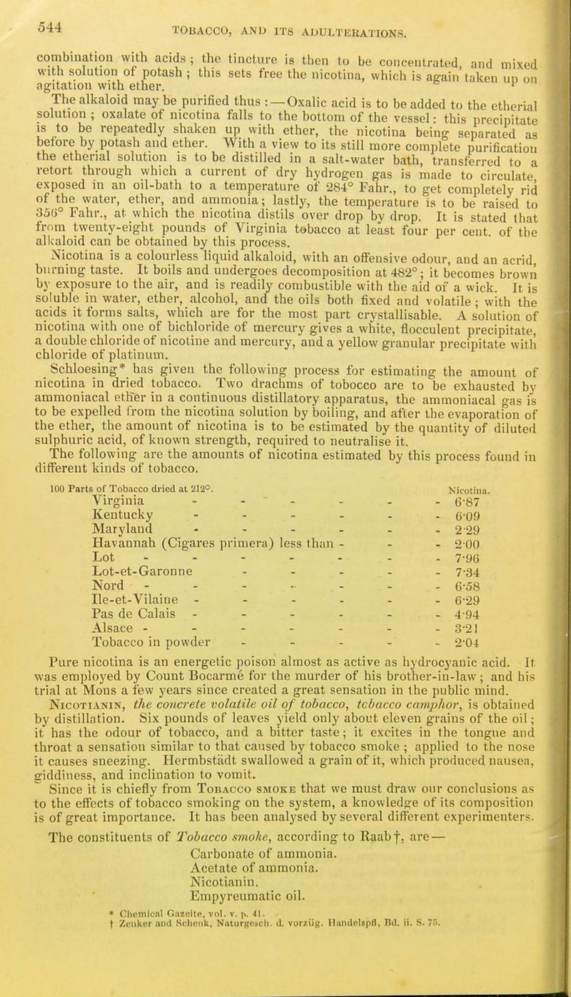combination with acids ; the tinctnre is then to be concentrated, and mixed with solution of potash ; this sets free the nicotina, which is apain taken un on agitation with ether. ^ The alkaloid may be purified thus : —Oxalic acid is to be added to the etherial solution ; oxalate of nicotina falls to the bottom of the vessel: this precipitate IS to be repeatedly shaken up with ether, the nicotina being separated as before by potash and ether. With a view to its still more complete purification the ethenal solution is to be distilled in a salt-water bath, transferred to a retort through which a current of dry hydrogen gas is made to circulate exposed in an oil-bath to a temperature of 284° Fahr., to get completely rid of the water, ether, and ammonia; lastly, the temperature is to be raised to 35(5° Fahr., at which the nicotina distils over drop by drop. It is stated that from twenty-eight pounds of Virginia tobacco at least four per cent, of tbo alkaloid can be obtained by this process. Nicotina is a colourless liquid alkaloid, with an offensive odour, and an acrid, burning taste. It boils and undergoes decomposition at 482°; it becomes brown by exposure to the air, and is readily combustible with the aid of a wick. It is soluble in water, ether, alcohol, and the oils both fixed and volatile ; with the acids it forms salts, which are for the most part crystallisable. A solution of nicotina with one of bichloride of mercury gives a white, flocculent precipitate, a double chloride of nicotine and mercury, and a yellow granular precipitate witli chloride of platinum. _ Schloesing* has given the following process for estimating the amount of nicotina in dried tobacco. Two drachms of tobocco are to be exhausted by ammoniacal eth-er in a continuous distillatory apparatus, the ammoniacal gas is to be expelled from the nicotina solution by boiling, and after the evaporation of the ether, the amount of nicotina is to be estimated by the quantity of diluted sulphuric acid, of known strength, required to neutralise it. The following are the amounts of nicotina estimated by this process found in different kinds of tobacco. 100 Parts of Tobacco dried at 212°. Nicotina. Virginia - - - - - - 6-87 Kentucky q-qq Maryland - - - - - - 2 29 Havannah (Cigares primera) less than - - - 2 00 Lot 7-96 Lot-et-Garonne - . . . . 7-34. Nord 6-58 Ile-et-Vilaine g-29 Pas de Calais ------ 4 94 Alsace 3-21 Tobacco in powder - - - - - 2'04 Pure nicotina is an energetic poison almost as active as hydrocyanic acid. If was employed by Count Bocarme for the murder of his brother-in-law; and his trial at Mens a few years since created a great sensation in the public mind. NicoTiANiN, the concrete volatile oil of tobacco, tobacco camphor, is obtained by distillation. Six pounds of leaves yield only about eleven grains of the oil; it has the odour of tobacco, and a bitter taste; it excites in the tongue aiul throat a sensation similar to that caused by tobacco smoke ; applied to the nos<' it causes sneezing. Hermbstadt swallowed a grain of it, which produced nausea, giddiness, and inclination to vomit. Since it is chiefly from Tobacco smoke that we must draw our conclusions as to the effects of tobacco smoking on the system, a knowledge of its composition is of great importance. It has been analysed by several different experimenters. The constituents of Tobacco smohe, according to Raabf. are — Carbonate of ammonia. Acetate of ammonia. Nicotianin. Empyreumatic oil. • Cliemlcnl Gazcite, vol. v. i>. 41. t Zenker and Schcnk, Naturgntcli. d. vorziig. flandelspfl, Bd. ii. S. 7n.