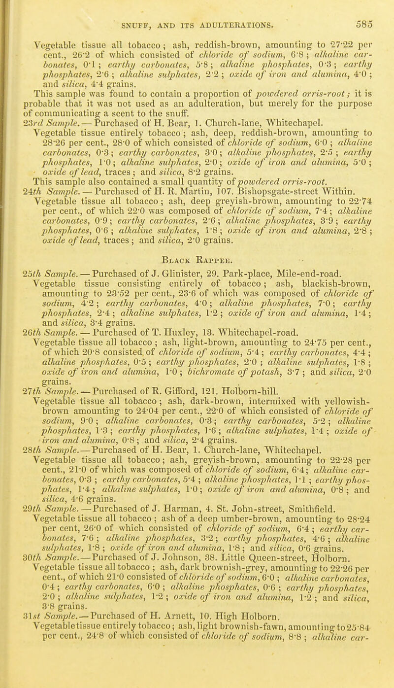 Vegetable tissue all tobacco; ash, reddish-brown, amounting to 11-22 per cent., 262 of which consisted of chloride of sodium, 6'8 ; nlJialine car- bonates, 0I ; earthy carbonates, 5'8; alkaline phosphates, 0'3; earthy phosphates, 2 G ; alkaline sulphates, 22 ; oxide of iron and alumina, 4'0 ; and silica, 4 4 grains. This sample was found to contain a proportion of powdered orris-root; it is probable that it was not used as an adulteration, but mei-ely for the purpose of communicating a scent to the snuiF. 23rd Sample. — Purchased of H. Bear, 1. Church-lane, Whitechapcl. Vegetable tissue entirely tobacco ; ash, deep, reddish-brown, amounting to 2826 per cent., 28-0 of which consisted of chloride of sodium, 6*0 ; alkaline carbonates, 03; earthy carbonates, 30; alkaline phosphates, 2'5 ; earthy phosphates, 10; alkaline sulphates, 2'0; oxide of iron and alumina, 30; oxide of lead, traces; and silica, 82 grains. This sample also contained a small quantity of powdered orris-root. 24th Sample. — Purchased of H. R. Martin, 107. Bishopsgate-street Within. Vegetable tissue all tobacco; ash, deep greyish-brown, amounting to 22*74: per cent., of which 22-0 was composed of chloride of sodium, 7'4; alkaline carbonates, 0'9; earthy carbonates, 26; alkaline phosphates, 39; earthy phosphates, O'G ; alkaline sulphates, 18; oxide of iron and alumina, 2'8 ; oxide of lead, traces; and silica, 20 grains. BiiACK Rappee. 25th Sample. — Purchased of J. Glinister, 29. Park-place, Mile-end-road. Vegetable tissue consisting entirely of tobacco; ash, blackish-brown, amounting to 23-52 per cent., 23-6 of which was composed of chloride of sodium, 4 2; earthy carbonates, 4'0; alkaline phosphates, 7'0; earthy phosphates, 24; alkaline sulphates, \'2; oxide of iron and alumina, \'4; and silica, 3-4 grains. 2Qth Sample. — Purchased of T. Huxley, 13. Whitechapel-road. Vegetable tissue all tobacco ; ash, light-brown, amounting to 24'7-5 per cent., of which 208 consisted of chloride of sodium, 5'4; earthy carbonates, 4'4 ; alkaline phosphates, 0*5 ; earthy jjhosphates, 2'0 ; alkaline sulphates, TS ; oxide of iron and alumina, I'O ; bichromate of potash, 37 ; and silica, 2 0 grains. 27th ^Sam/jZe. —Purchased of R. Gifford, 121. Holbom-hill. Vegetable tissue all tobacco ; ash, dark-brown, intermixed with yellowish- brown amounting to 24-04 per cent., 22-0 of which consisted of chloride of sodium, 9-0; alkaline carbonates, 0-3; earthy carbonates, 5-2; alkaline phosphates, 1'3; earthy phosphates, ]-6; alkaline sulphates, \'4; oxide of iron and alumina, 0-8; and silica, 2-4 grains. 2Sth Sample.—Purchased of H. Bear, 1. Church-lane, Whitechapel. Vegetable tissue all tobacco; ash, greyish-brown, - amounting to 22-28 per cent., 21-0 of which was composed of chloride of sodium, 6-4; alkaline car- bonates, 0-3 ; earthy carbonates, 5-4 ; alkaline phosphates, Tl ; earthy phos- phates, 1-4 ; alkaline sulphates, I'O; oxide of iron and alumina, 0-8 ; and silica, 4-6 grains. 2dth Sample.—Purchased of J. Harman, 4. St. John-street, Smithfield. Vegetable tissue all tobacco ; ash of a deep umber-brown, amounting to 28-24 per cent, 26-0 of which consisted of chloride of sodium, Q-4 ; earthy car- bonates, 7-6 ; alkaline phosphates, 3-2; earthy phosphates, 4-6 ; alkaline sulphates, 1-8 ; oxide of iron and alumina, 1-8 ; and silica, 0-6 grains. 30//t Sample.—Purchased of J. Johnson, 38. Little Queen-street, Holborn. Vegetable tissue all tobacco ; ash, dark brownish-grey, amounting to 22-2G per cent., of which 21-0 consisted of chloride of sodium, 6-0 ; alkaline carbonates, 0-4 ; earthy carbonates, 6-0 ; alkaline phosphates, 0-6 ; earthy phosphates, 2-0 ; alkaline sulphates, V2 \ oxide of iron and alumina, \-2 ; and silica, 3'8 grains. 31.9< Sample. — Purchased of H. Arnett, 10. High Holborn. Vegetable tissue entirely tobacco; ash, light brownish-fawn, amounting to 25-84 per cent., 24 8 of which consisted of chloride of sodium, 8-8 ; alkaline car-