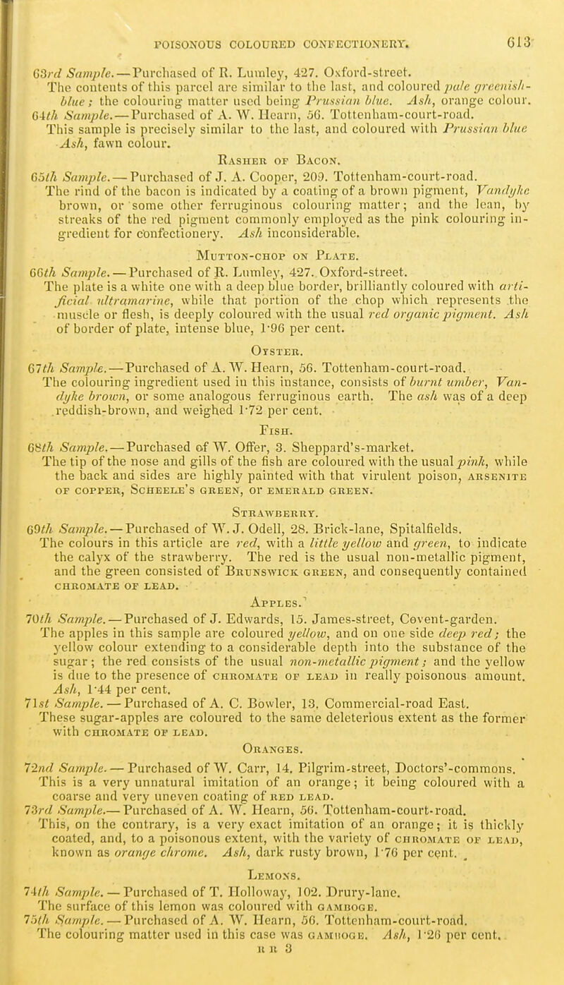 G3/y/ Sample. — Purchased of R. Lumley, 427. Oxford-street. The contents of this parcel are similar to the last, and coloured ^ja/e greenisli- blue; the colouring matter used being Prussian blue. Ash, orange colour. 64th Sample. — Purchased of A. W. Hearn, 3G. Tottenham-court-road. This sample is precisely similar to the last, and coloured with Prussian blue Ash, fawn colour. Rasher of Bacon. 65lh Sample. — Purchased of J. A. Cooper, 209. Tottenham-court-road. The rind of the bacon is indicated by a coating of a brown pigment, Vandyke brown, or some other ferruginous colouring matter; and the lean, l)y streaks of the red pigment commonly employed as the pink colouring in- gredient for confectionery. Ash inconsiderable. Mutton-chop on Px-ate. QGth Sample. — Purchased of R. Lumley, 427. Oxford-street. The plate is a white one with a deep blue border, brilliantly coloured with arti- ficial ultramarine, while that portion of the chop which represents the nmscle or flesh, is deeply coloured with the usual red organic pigment. Ash of border of plate, intense blue, P96 per cent. Otsteb. Qlth Sample.—Purchased of A. W. Hearn, 5G. Tottenham-court-road. Tlie colouring ingredient used in this instance, consists of burnt umber, Van- dyke brown, or some analogous ferruginous earth. The ash was of a deep reddish-brown, and weighed 1'72 per cent. • Fish. Qiith Sample. — Purchased of W. Offer, 3. Sheppard's-market. The tip of the nose and gills of the fish are coloui-ed with the usual/)wi/e, while the back and sides are highly painted with that virulent poison, arsenite OF copper, Scheele's green, or emerald green. Strawberry. G^th Sample. — Purchased of VV. J. Odell, 28. Brick-lane, Spitalfields. The colours in this article are red, with a little yellow and green, to indicate the calyx of the strawberry. The red is the usual non-metallic pigment, and the green consisted of Brunswick green, and consequently contained chromate of lead. • Apples.^ 10th Sample. — Purchased of J. Edwards, 15. James-street, Covent-garden. The apples in this sample are coloured yellow, and on one side deep red; the yellow colour extending to a considerable depth into the substance of the sugar; the red consists of the usual non-metallic jngment; and the yellow is due to the presence of chromate op lead in really poisonous amount. Ash, r44 per cent, list Sample. — Purchased of A. C. Bowler, 13, Commercial-road East. These sugar-apples are coloured to the same deleterious extent as the former with CHROMATE OF LEAD. Oranges. I-Ind Sample. — Purchased of W. Carr, 14. Pilgrim-street, Doctors'-commons. This is a very unnatural imitation of an orange; it being coloured with a coarse and very uneven coating of red lead. I'ird Sample.— Purchased of A. W. Hearn, 5(j. Tottenham-court-road. This, on the contrary, is a very exact imitation of an orange; it is thickly coated, and, to a poisonous extent, with the variety of chromate of lead, known as orange chrome. Ash, dark rusty brown, r76 per cent. Lemons. 74//i Sample. — Purchased of T. Holloway, 102. Drury-lane. The surface of this lemon was coloured with gamboge. I'Hh Sample. — Purchased of A. W. Hearn, 50. Tottenham-court-road. The colouring matter used in this case was gamhoge. Ash, 1'2G per cent.