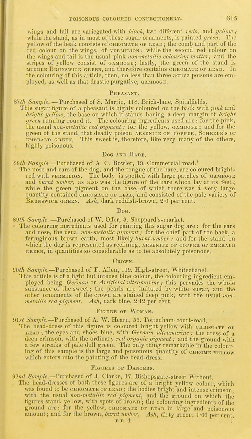 wings and tail are variegatod with b/ack, two different reds, and yelloiv ; while the stand, as in most of these sugar ornaments, is painted yrecn. The yellow of the beak consists of cukomate or i.kad ; the comb and part of the red colour on the wings, of vermilion ; while the second red colour on the wings and tail is the usual pink non-metallic colourintj matter, and tiie stripes of yellow consist of gamboge; lastly, the green of the stand is MIDDLE Brunswick green, and therefore contains curomate of lead. In the colouring of this article, then, no less than three active poisons are em- ployed, as well as that drastic purgative, gamboge. Pheasant, &Tth Sample.—'Purchased of S. Martin, 118. Brick-lane, Spitalfields. This sugar figure of a pheasant is highly coloured on the back pink and bright yellow, the base on which it stands having a deep margin of bright green running round it. The colouring ingredients used are : for the pink, the usual non-metallic red pigment; for the yellow, gamboge ; and for the green of the stand, that deadly poison arsenite of copper, Scheele's or emerald green. This sweet is, therefore, like very many of the others, highly poisonous. Dog and Hake. S8//i Sample.—Purchased of A. C. Bowler, 13. Commercial road.' The nose and ears of the dog, and the tongue of the hare, are coloured bright- red with vermilion. The body is spotted with large patches of gamboge and burnt umber, as also was the figure of the hare which lay at its feet; while the green pigment on the base, of which there was a very large quantity contained chromate of lead, and consisted of the pale variety of Ekunswick green. Ash, dark reddish-brown, 2'0 per cent. Dog. QQth Sample. —Purchased of W. Offer, 3. Sheppard's-market. ' The colouring ingredients used for painting this sugar dog are : for the ears and nose, the usual non-metallic pigment; for the chief part of the back, a ferruginous brown earth, most likely burnt-umber; and for the stand on which the dog is represented as reclining, arsenite of copper or emerald green, in quantities so considerable as to be absolutely poisonous. Crown. 90t7i Sample.—Purchased of F. Allen, 119. High-street, Whitechapel. This article is of alight but intense blue colour, the colouring ingredient em- ployed being German or Artificial ultramarine; this pervades the w hole substance of the sweet; the pearls are imitated by white sugar, and the other ornaments of the crown are stained deep pink, with the usual non- metallic red pigment. Ash, dark blue, 2 12 per cent. Figure of Woman. Q\st Sample.—Purchased of A, W. Hearn, 56. Tottenham-court-road. The head-dress of this figure is coloured bright yellow with curomate of lead ; the eyes and shoes blue, with German ultramarine ; the dress of a deep crimson, with the ordinary red organic pigment; and the ground with a few streaks of pale dull green. The only thing remarkable in the colour- ing of this sample is the large and poisonous quantity of chrome yellow which enters into the painting of the head-dress. Figures or Dancers. Q2nd Sample.—Purchased of J. Clarke, 17. Bishopsgate-strect Without. The head-dresses of both these figures are of a bright yellow colour, which was found to be curomate of lead ; the bodies bright and intense crimson with the usual non-metallic red pigment, and the ground on which the figures stand, yellow, with spots of brown ; the colouring ingredients of the ground are: for the yellow, curomate of lead in large and poisonous amount; and for the brown, burnt umber. Ash, dirty green, I'GG per cent. R R 4