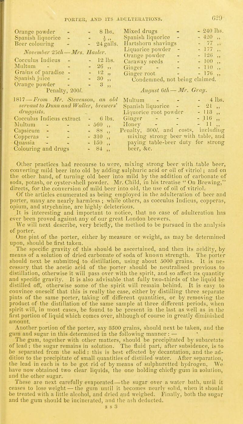 G29- Orange powder Spanish liqnorice Beer colouring: 8 lbs. 24 galls. November -Ijlh — Mrs. Hosier. - 12 lbs. - 26 „ Cocculus Indicus JNIiiltiini Grains of paradise - - 12 „ Spanish juice - - 30 ,, Orange powder - - 3 ,, Penalty, 200/. 1817 — From Mr. Stevenson, an old servant to Dunn and Waller, brewers' druytjists. Cocculus Indicus extract - 6 lbs. Multuni - 560 ,, Capsicum Copperas ' 88 „ - 310 „ Quassia - 150 „ Colouring and drugs - 84 „ - 240 lbs. - 4-20 „ - 77 „ - 177 - 1-20 „ - 100 „ - no „ Ginger root - - 176 ,, Condemned, not being claimed. Mixed drugs Spanish liquorice Hartshorn shavings Liquorice powder ■ Orange powder Caraway seeds Ginger August Gth—Mr. Gray. Multum - - - 4 lbs. Spanish liquorice - - 21 ,, Liquorice root powder - 113 Ginger - - - 116 Honey - - - 11 Penalty, 300/. and costs, including mixing strong beer with table, and paying table-beer duty for strong beer, &c. 1) Other practices had recourse to wore, mixing strong beer with table beer, converting mild beer into old by adding sulphuric acid or oil of vitriol; and on the other hand, of turning old beer into mild by the addition of carbonate of soda, potash, or oyster-shell powder. Mr. Child, in his treatise  On Brewing, directs, for the conversion of mild beer into old, the use of oil of vitriol. Of the articles enumerated as being employed in the adulteration of beer and porter, many are neai'ly harmless ; -while others, as cocculus Indicus, copperas, opium, and sti'ychnine, are highly deleterious. It is interesting and important to notice, that no case of adulteration has ever been proved against any of our great London brewers. We will next describe, very briefly, the method to be pursued in the analysis of porter. One pint of the porter, either by measure or weight, as may be determined upon, should be first taken. The specific gravity of this should be ascertained, and then its aciditj^ by means of a solution of dried carbonate of soda of known strength. The porter should next be submitted to distillation, using about 5000 grains. It is ne- cessary that the acetic acid of the porter should be neutralised previous to distillation, otherwise it will pass over with the spirit, and so affect its quantity and specific gravity. It is also advisable that fully two-thirds of the liquid be distilled off, otherwise some of the spirit will remain behind. It is easy to convince oneself that this is really the case, either by distilling three separate pints of the same porter, taking off different quantities, or by removing the product of the distillation of the same sample at three different periods, when spirit will, in most cases, be found to be present in the last as well as in the first portion of liquid which comes over, altliQvigh of course in greatly diminished amount. Another portion of the porter, say .3300 grains, should next be taken, and the gum and sugar in this determined in the following manner : — The gum, together with other matters, should be precipitated by subacetato of lead ; the sugar remains in solution. The fliuid part, after subsidence, is to be separated from the solid : this is best effected by dccantation, and the adr dition to the precipitate of small quantities of distilled water. After separation, the lead in each is to be got rid of by means of sulphuretted hydrogen. We have now obtained two clear liquids, the one holding cliiefly gum in solution, and the other sugar. These are next carefully evaporated — the sugar over a water bath, until it ceases to lose weight—the gum until it becomes nearly solid, when it should be treated with a little alcohol, and dried j\nd vveigbed. Finally, both the sugar and the gum should be incinerated, and llic ash deducted.