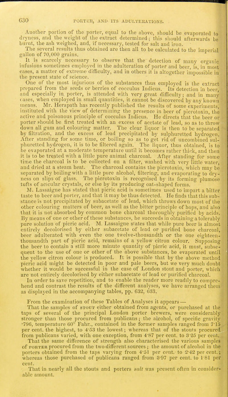 Another portion of the porter, equal to the .-ibove, should be evaporated to dryness, and the weight of the extract determined; this siiould afterwards be burnt, the ash weighed, and, if necessary, tested for salt and iron. The several results thus obtained are then all to be calculated to the imperial gallon of 70,000 grains. It is scarcely necessary to observe that the detection of many organic infusions sometimes employed in the adulteration of porter and beer, is, in most cases, a matter of extreme difficulty, and in others it is altogether impossible in the present state of science. One of the most injurious of the substances thus employed is the extract prepared from the seeds or berries of cocculus Indicus. Its detection in beer, and especially in porter, is attended with very great difficulty; and in many cases, when employed in small quantities, it cannot be discovered by any known means. Mr. Herapath has recently published the results of some experiments, instituted with the view of determining the presence in beer of picrotoxin, the active and poisonous principle of cocculus Indicus. He directs that the beer or porter should be first treated with an excess of acetate of lead, so as to throw down all gum and colouring matter. The clear liquor is then to be separated by filtration, and the excess of lead precipitated by sulphuretted hydrogen. After standing for some time, or boiling so as to get rid of uncombined sul- phuretted hydrogen, it is to be filtered again. The liquor, thus obtained, is to be evaporated at a moderate temperature until it becomes rather thidc, and then it is to be treated with a little pure animal charcoal. After standing for some time the charcoal is to be collected on a filter, washed \vith very little water, and dried at a steam heat. The charcoal contains the picrotoxin, which may be separated by boiling with a little pure alcohol, filtering, and evaporating to dry- ness on slips of glass. The picrotoxin is recognised by its forming plumose tufts of acicular crystals, or else by its producing oat-shapod forms. M. Lassaigne has stated that picric acid is sometimes used to impart a bitter taste to beer and porter, and that it may be thus detected. He finds that this sub- stance is not precipitated by subacetate of lead, which throws down most of the other colouring matters of beer, as well as the bitter principle of hops, and also that it is not absorbed by common bone charcoal thoroughly purified by acids. By means of one or other of these substances, he succeeds in obtaining a tolerably pure solution of picric acid. M. Lassaigne slates that while pure beer is almost entirely decolorised by either subacetate of lead or purified bone charcoal, beer adulterated with even the one twelve-thousandth or the one eighteen- thousandth part of picric acid, remains of a yellow citron colour. Supposing the beer to contain a still more minute quantity of picric acid, it must, subse- quent to the use of one or other of the above substances, be evaporated until the yellow citron colour is produced. It is possible that by the above method picric acid might be detected in poor and pale beers, but we very much doubt whether it would be successful in the case of Loudon stout and porter, which are not entirely decolorised by either subacetate of lead or purified charcoal. In order to save repetition, and to enable the reader more readily to compre- hend and contrast the results of the different analyses, we have arranged them as displayed in the accompanying tables, pp. 632, 033. From the examination of these Tables of Analyses it appears — That the samples of stout either obtained from agents, or purchased at the taps of several of the principal London porter brewers, were considerably stronger than those procured from publicans; the alcohol, of specific gravity •796, temperature G0° Fahr., contained in the former samples ranged from 7'15 per cent, the highest, to 4'53 the lowest; whereas that of the stouts procured from publicans varied, with one exception, from 4'87 per cent, to 325 per cent. That the same difference of strength also characterised the various samples of POUTER procured from the two different sources; the amount of alcohol in the porters obtained from the taps varying from 451 per cent, to 2'42 per cent.; whereas those purchased of publicans ranged from 3-97 per cent, to 181 per cent. That in nearly all the stouts and porters salt was present often in consider- able amount.