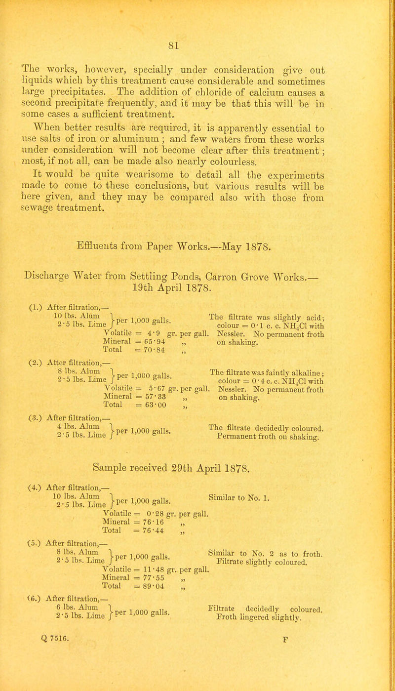 The works, however, speciallj'- under consideration give out liquids which by this treatment cause considerable and sometimes hirge precipitates. The addition of chloride of calcium causes a second precipitate frequently, and it may be that this will be in some cases a sufficient treatment. When better results are required, it is apparently essential to use salts of iron or aluminum ; and few waters from these works under consideration will not become clear after this treatment; most, if not all, can be made also nearly colourless. It would be quite wearisome to detail all the experiments made to come to these conclusions, but various results will be here given, and they may be compared also with those from sewage treatment. Effluents from Paper Works.—May 1878. Discharge Water from Settling Ponds, Carron Grove Works.— 19th April 1878. (1.) After filtration,— 10 lbs. Alum -1 The filtrate was slightly acid; 2 • 5 lbs. Lime / P^^^ ^''^ S^^^^' colour = 0 • 1 c. c. NH.Cl with Volatile = 4-9 gr. per gall. Nessler. No permanent froth Mineral = G5 • 94 „ on shaking. Total =70-84 (2.) Aiter filtration,— 8 lbs. Alum 1 1 onn ,rnli« The filtrate was faintly alkaline; 2-5 lbs. Lime ^'^ gaUs. ^^^^^^ = 0-4c. c. NH.Cl with Volatile = .5 • 67 gr. per gall. Nessler. No permanent froth Mineral = 57-33 „ on shaking. Total = 63-00 „ (3.) After filtration,— 4 lbs. Alum \ The filtrate decidedly coloured. 2 • 5 lbs. Lime / P'^ ^alis. Permanent froth on shaking. Sample received 29 th April 1878. (4.) After filtration,— 10 lbs. Alum 1 000 e-alla Similar to No.l. 2-5 lbs. Lime J P^^ S^^^^' Volatile = 0-28 gr. per gall. Mineral =76-16 „ Total = 76-44 „ (5.) After filtration,— 8 lbs. Alum \„p. 1 000 o-alk Similar to No. 2 as to froth. 2 - 5 lbs. Lime / P^ ^ '^^0 galls. ^.^^^^^^ ^^.^^^^^^ coloured. Volatile = 11-48 gr. per gall. Mineral = 77-55 „ Total = 89-04 „ <6.) After filtration,— 6 lbs. Alum Iner 1 000 ffalls Filtrate decidedly coloured. 2-5 lbs. Lime /P®^ Froth lingered slightly. Q7516. F