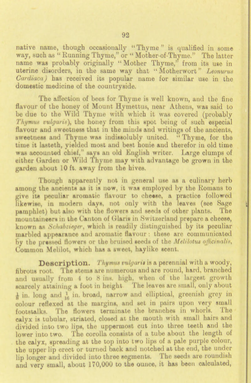 native name, though occasionally Thyme is qualified in some way, such as  Running Thyme, or  Mother-of-Thyme. The latter name was probably originally  Mother Thyme, from its use in uterine disorders, in the same way that  Motherwort Leonuru* Cardinal) has received its popular name for similar use in the domestic medicine of the countryside. The affection of bees for Thyme is well known, and the fine flavour of the honey of Mount Hymettus, near Athens, was said to be due to the Wild Thyme with which it was covered (probably Thi/mu-K vulgar in), the honey from this spot being of such especial flavour and sweetness that in the minds and writings of the ancients, sweetness and Thyme was indissoluble united.  Thyme, for the time it lasteth, yielded most and best honie and therefor in old timo wa# accounted chief, says an old English writer. Large clumps of either Garden or Wild Thyme may with advantage be grown in the garden about 10 ft. away from the hives. Though apparently not in general use as a culinary herb among the ancients as it is now, it was employed by tho Romans to give it* peculiar aromatic flavour to cheese, a practice followed likewise, in modern days, not only with the leaves (see Sage pamphlet) but also with the flowers and seeds of other plants. The mi nintaineers in the Canton of (ilarm in Switzerland prepare a cheese, known a* St hnbzieger, which is readily distinguished by its peculiar marbled appearance and aromatic flavour : these are communicated by the pressed flowers or the bruised seeds of the Melilotut officinalis, Common Melilot, which has a sweet, hayliko scent. Description, fhpmt VtUffCtrit is a perennial with a woody, fibrous root. The stems are numerous and are round, hard, branched and usually from 4 to 8 ins. high, when of tho largest growth scarcely attaining a foot in height The leaves are small, only about £ in. long and ,'6 in. broad, narrow and elliptical, greenish grey in colour reflexed at the margins, and set in pairs upon very small footstalks. The flowers terminate the branches in whorls. The calyx is tubular, striated, closed at the mouth with small hairs and divided into two lips, the uppermost cut into three teeth and the lower into two. The corolla consists of a tube about the length of the calyx, spreading at the top into two lips of a pale purple colour, the upper lip erect or turned back and notched at the end, the under lip longer and divided into three segments. The seeds are roundish and very small, about 170,000 to the ounce, it has been calculated,