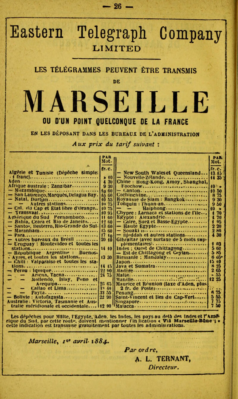 Eastern Telegraph Company LTMÎTED LES TÉLÉGRAMMES PEUVENT ÊTRE TRANSMIS MARSEILLE OU O'UN POINT QUELCONQUE OE LA FRANCE EN LES DÉPOSANT DANS LES BUREAUX DE L'ADMINISTRATION A tix prix du tarif suivant : Algérie et Tunisie (Dépêche simple . 1 franc) Aden... Afrique australe: Zanzibar — Mozambique — San Laureiiço.Marquôs.Oelagoa Bay, — Natal, l)urb.aii — — Autres station'' ■ — Col. lia Cap et Etat libre d Oranse.. — Trausvaal..^ AtOériqiieduSud Peniainbuco — Bahia, Ceara et Rio de Janeiro — Santos, Desterro.Rio-Grnndedo Sul — Maranham — Para — *ulros bureaus du Brésil — Uruguay : Montevideo et toutes les stations — République ArgenlliiH : Buenus- — Ayres. et toutes les stations — Cbili : Valparaiso et toutes les sta- tions —. Pérou : Iquiqtie — — Aricna. Tacna — — Moilendo. Isiay, Puno et Arequipa — — Callao et Lima — - Payla — Bolivie : Aiitofagasta Australie: Victoria, Tasmanieet Aus- tralie méridionale et ucciditntale.... fr.c. » iO 4 3U 9 30 lu (>0 in CO 10 55 1» 75 10 75 10 9) 11 <>0 l > (iO 13 CO 15 eo 17 «0 20 lô 14 <0 13 30 14 <5 22 UO 24 75 2(5 «5 3> 411 ;« 55 22 UO New South Waleset Queensland... — Nouvelle-Zélande Chine: Hong-K.ong, Amoy,Sliangtiaî, b'oocliow • anion , Cochinciiine.. Hoyaniiie deSiam: Bangkok v Tonquiu : l'huan-an — — Haïphong Chypre : l^rnaca et stations de l'Ile' Egypte: Alexandrie — Caire, Suez et Basse-Egypte — Haute Egypte — Souaki II — DjHddah et autres stations- Gibraltar (avec surtaxe de 5 mots sup- plémentaires! Iniles ; Ouest de Chittagong — Est de Chittagong et CHylan-..- Ririiiaiiie : Mandalay Japon Java et Sumatra .»lari<'Te ~ Malle , Manille -...fr. r Maurice et Réunion (taxe d'Aden. plus 2 fr. de Poste) -, Penang Saint-Vincent et lies du Cap-Vert.< Singapore a...,. Maiacca .- fr.c. 13 <ô' <4 33 10- « <0 50 8 75 930 950 «0 > 1 70 1 70 1 95 220 2 M) 430 1 03 5 (iC 5 K5 « 05' 15 <0 H 25 2 Ci ' 55 12 25 LesdépiVIies pour Mâlte, l'Egypte, Aden. tes Indes, les pays au d<>là dK tndeset fAiné^ riqiie du Suit, par cette rout». doivent mentionner l in lication < Viâ MarseUle-BAoe-; • cette indication est tra^nsmise gratuitement par toutes les adminisirations. Marseille^ /«• avril 1884. Par ord re, A. L. TERNANT, Directeur.