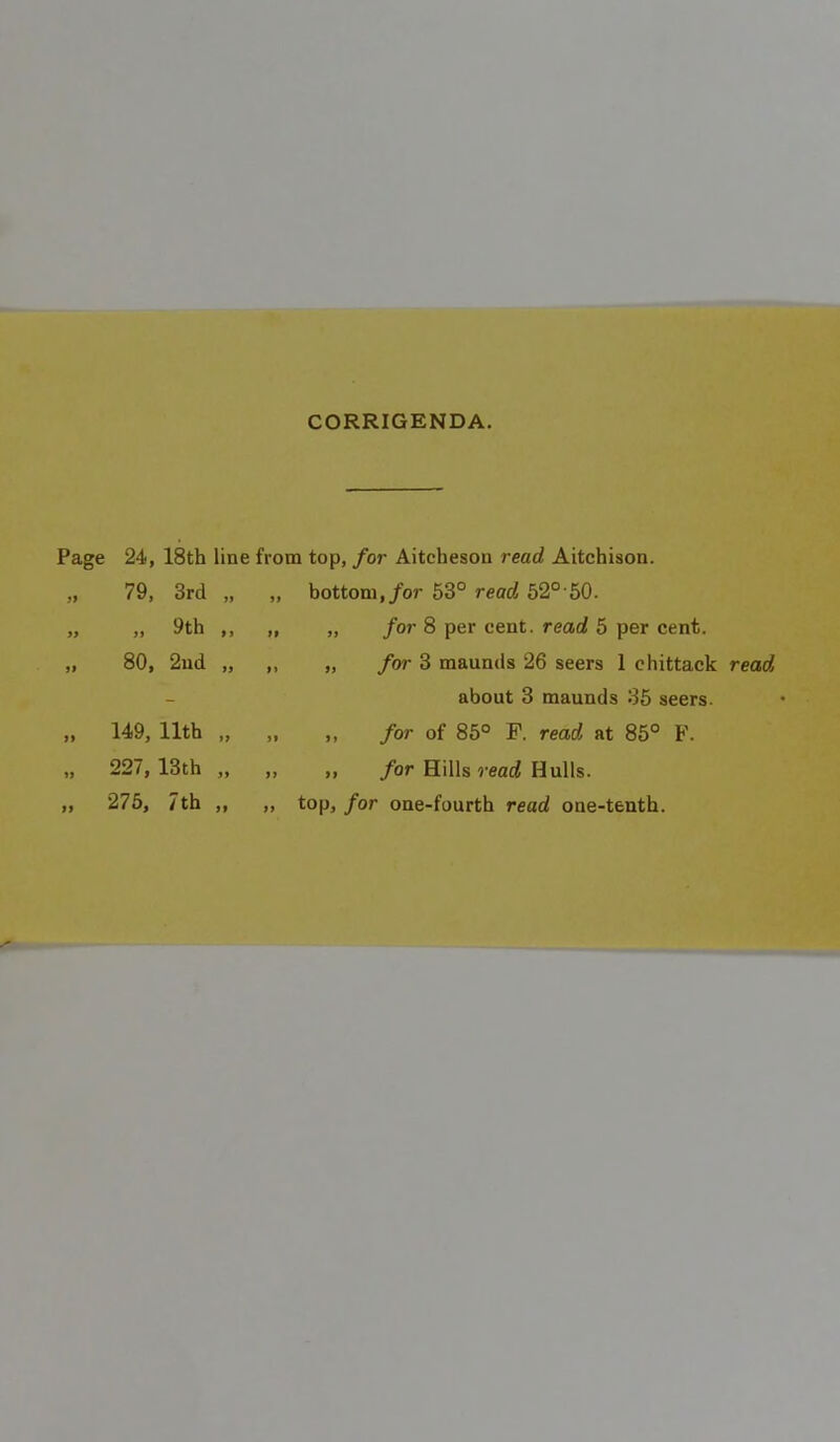 CORRIGENDA. Page 24, 18th line from top, for Aitchesou read Aitchison. 79, 3rd „ „ bottom, for 53° read 52°50. „ „ 9th ,, „ „ for 8 per cent, read 5 per cent. „ 80, 2nd „ ,, „ for 3 maunds 26 seers 1 chittack read about 3 maunds 35 seers. „ 149, 11th „ „ „ for of 85° F. read at 85° F. „ 227, 13th „ „ „ for Hills read Hulls. „ 275, 7th ,, „ top, for one-fourth read one-tenth.