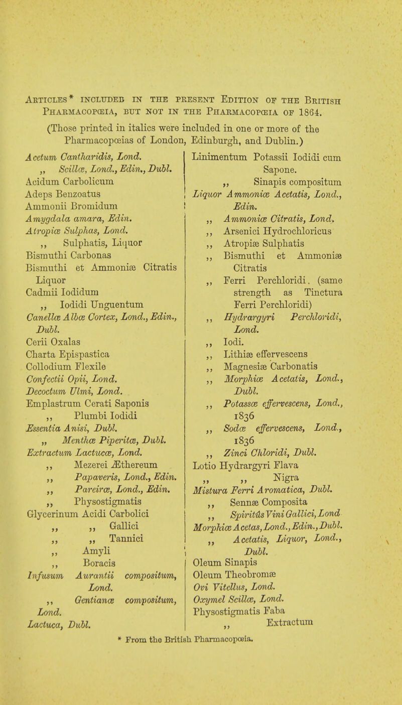 Articles* includes in the present Edition of the British Pharmacopoeia, but not in the Pharmacopoeia of 1864. (Those printed in italics were included in one or more of the Pharmacopoeias of London, Edinburgh, and Dublin.) Acetum Cantliaridis, Lond. „ Scillce, Lond., Edin., Dubl. Acidum Carbolicum Adeps Beuzoatus Ammonii Bromidum Amygdala amara, Edin. A tropics Sulphas, Lond. ,, Sulphatis, Liquor Bismuthi Carbonas Bismuthi et Ammoniae Citratis Liquor Cadmii Iodidum ,, Iodidi Unguentum Canellce Alice Cortex, Lond., Edin., Dull. Cerii Oxalas Charta Epispastica Collodium Flexile Confectii Opii, Lond. Decoctum Ulmi, Lond. Emplastrum Cerati Saponis ,, Plumbi Iodidi Essentia Anisi, Dull. „ Mentha Piperita, Dubl. Extractum Lactucce, Lond. Mezerei iEthereum Papaveris, Lond., Edin. Pareira, Lond., Edin. ,, Physostigmatis Glycerinum Acidi Carbolici Gallici ,, Tannici Amyli Boracis Aurantii Lond. Gentiance >> Infusum Lond. compositum, compositum, Lactuca, Dull. Linimentum Potassii Iodidi cum Sapone. ,, Sinapis compositum Liquor Ammonice Acetatis, Lond., Edin. ,, Ammonice Citratis, Lond. ,, Arsenici Hydrochloricus ,, Ati-opise Sulphatis Bismuthi et Ammoniae Citratis Ferri Perchloridi. (same strength as Tinctura Ferri Perchloridi) Hydrargyri Perchloridi, Lond. Iodi. Lithiae effervescens Magnesiae Carbonatis Morphice Acetatis, Lond., Dull. Potassce effervescens, Lond., 1836 Sodce effervescens, Lond., 1836 Zinci Chloridi, Dull. Lotio Hydrargyri Flava Nigra Mistura Ferri Aromatica, Dull. Sennae Composita Spiritds Vini Oallici, Lond Morphice A cetas, Lond., Edin.,Dull. „ Acetatis, Liquor, Lond., Dull. Oleum Sinapis Oleum Theobromae Ovi Vitcllus, Lond. Oxymel Scillce, Lond. Physostigmatis Faba Extractum * From the British Fharmacopceia,