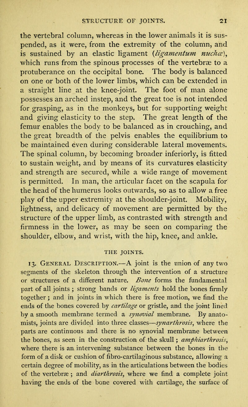 the vertebral column, whereas in the lower animals it is sus- pended, as it were, from the extremity of the column, and is sustained by an elastic ligament {Hgamentum nuchce)^ which runs from the spinous processes of the vertebra to a protuberance on the occipital bone. The body is balanced on one or both of the lower limbs, which can be extended in a straight line at the knee-joint. The foot of man alone possesses an arched instep, and the great toe is not intended for grasping, as in the monkeys, but for supporting weight and giving elasticity to the step. The great length of the femur enables the body to be balanced as in crouching, and the great breadth of the pelvis enables the equilibrium to be maintained even during considerable lateral movements. The spinal column, by becoming broader inferiorly, is fitted to sustain weight, and by means of its curvatures elasticity and strength are secured, while a wide range of movement is permitted. In man, the articular facet on the scapula for the head of the humerus looks outwards, so as to allow a free play of the upper extremity at the shoulder-joint. Mobility, lightness, and delicacy of movement are permitted by the structure of the upper limb, as contrasted with strength and firmness in the lower, as may be seen on comparing the shoulder, elbow, and wrist, with the hip, knee, and ankle. THE JOINTS. 13. General Description.—A joint is the union of any two segments of the skeleton through the intervention of a structure or structures of a different nature. Bone forms the fundamental part of all joints ; strong bands or ligaments hold the bones firmly together; and in joints in which there is free motion, we find the ends of the bones covered by cartilage or gristle, and the joint lined by a smooth membrane termed a synovial membrane. By anato- mists, joints are divided into three classes—where the parts are continuous and there is no synovial membrane between the bones, as seen in the construction of the skull; afnphiarthrosis, where there is an intervening substance between the bones in the form of a disk or cushion of fibro-cartilaginous substance, allowing a certain degree of mobility, as in the articulations between the bodies of the vertebrse ; and diarthrosis, where we find a complete joint having the ends of the bone covered with cartilage, the surface of