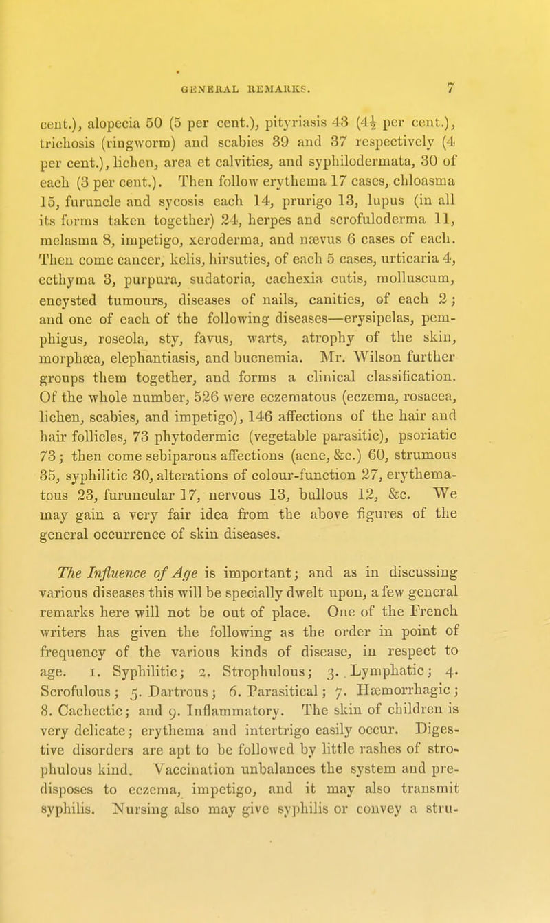 cent.), alopecia 50 (5 per cent.), pityriasis 43 (4£ per cent.), trichosis (ringworm) and scabies 39 and 37 respectively (4 per cent.), lichen, area et calvities, and syphilodermata, 30 of each (3 per cent.). Then follow erythema 17 cases, chloasma 15, furuncle and sycosis each 14, prurigo 13, lupus (in all its forms taken together) 24, herpes and scrofuloderma 11, melasma 8, impetigo, xeroderma, and nsevus 6 cases of each. Then come cancer, kelis, hirsuties, of each 5 cases, urticaria 4, ecthyma 3, purpura, sudatoria, cachexia cutis, molluscum, encysted tumours, diseases of nails, canities, of each 2; and one of each of the following diseases—erysipelas, pem- phigus, roseola, sty, favus, warts, atrophy of the skin, morphsea, elephantiasis, and bucnemia. Mr. Wilson further groups them together, and forms a clinical classification. Of the whole number, 526 were eczematous (eczema, rosacea, lichen, scabies, and impetigo), 146 affections of the hair and hair follicles, 73 phytodermic (vegetable parasitic), psoriatic 73; then come sebiparous affections (acne, &c.) 60, strumous 35, syphilitic 30, alterations of colour-function 27, erythema- tous 23, furuncular 17, nervous 13, bullous 12, &c. We may gain a very fair idea from the above figures of the general occurrence of skin diseases. The Influence of Age is important; and as in discussing various diseases this will be specially dwelt upon, a few general remarks here will not be out of place. One of the French writers has given the following as the order in point of frequency of the various kinds of disease, in respect to age. i. Syphilitic; i. Strophulous; 3. . Lymphatic; 4. Scrofulous; 5. Dartrous; 6. Parasitical; 7. Hemorrhagic ; 8. Cachectic; and 9. Inflammatory. The skin of children is very delicate; erythema and intertrigo easily occur. Diges- tive disorders are apt to be followed by little rashes of stro- phulous kind. Vaccination unbalances the system and pre- disposes to eczema, impetigo, and it may also transmit Syphilis. Nursing also may give syphilis or convey a stru-