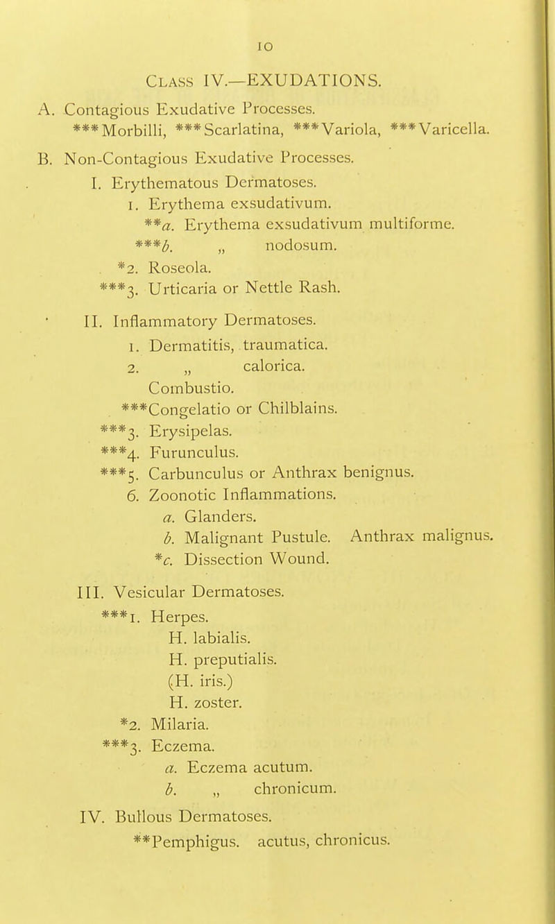 to Class IV.—EXUDATIONS. A. Contagious Exudative Processes. *** Morbilli, ***Scarlatina, ***Variola, ***Varicella. B. Non-Contagious Exudative Processes. I. Erythematous Dermatoses. I. Erythema exsudativum. **a. Erythema exsudativum multiforme. ***b. u nodosum. *2. Roseola. ***3. Urticaria or Nettle Rash. II. Inflammatory Dermatoses. 1. Dermatitis, traumatica. 2. „ calorica. Combustio. ***Congelatio or Chilblains. ***3_ Erysipelas. ***4. Furunculus. ***5. Carbunculus or Anthrax benignus. 6. Zoonotic Inflammations. a. Glanders. b. Malignant Pustule. Anthrax malignus. *c. Dissection Wound. III. Vesicular Dermatoses. Herpes. H. labialis. H. preputialis. (H. iris.) H. zoster. *2. Milaria. ***3_ Eczema. a. Eczema acutum. b. „ chronicum. IV. Bullous Dermatoses. **Pemphigus. acutus, chronicus.