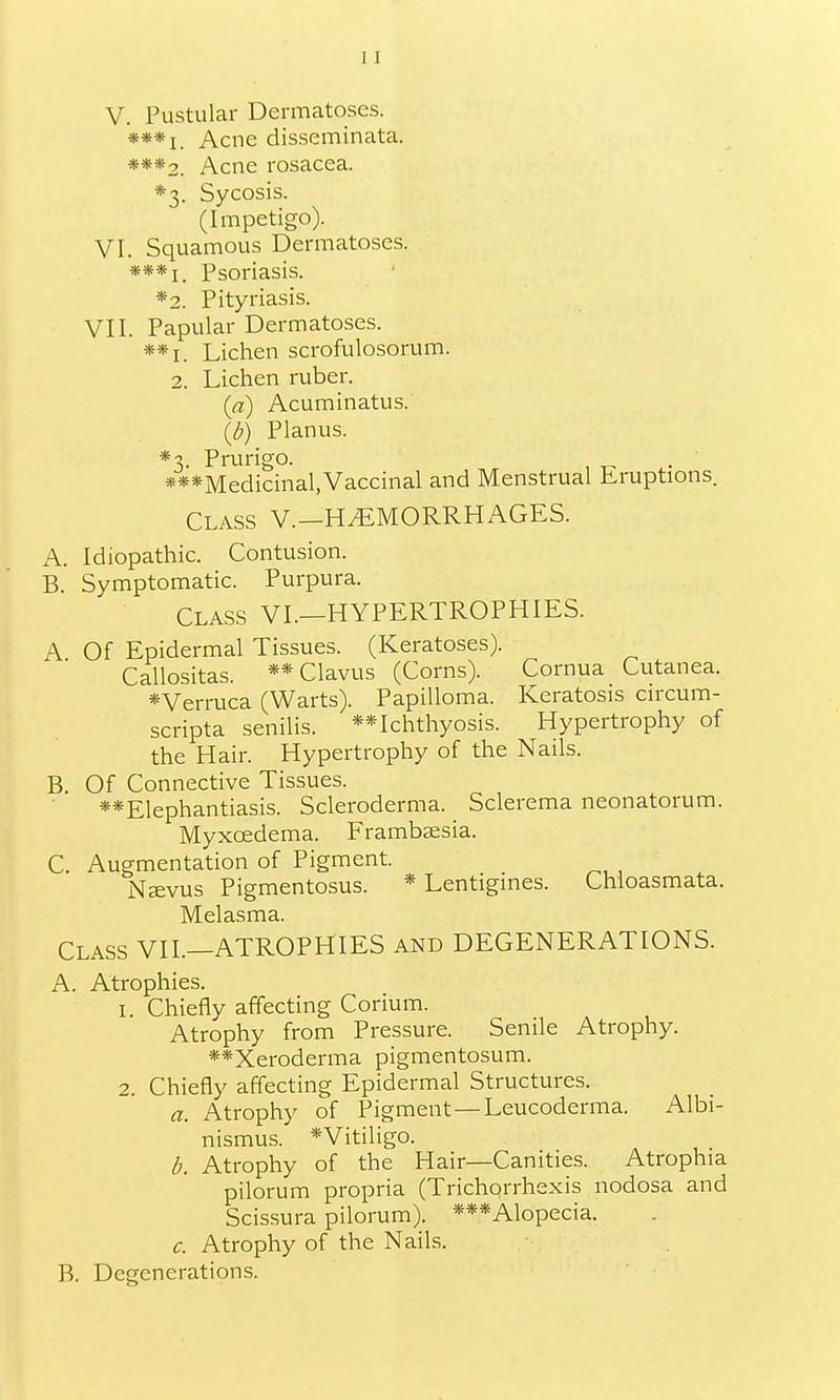 V. Pustular Dermatoses. ***i. Acne disseminata. ***2. Acne rosacea. ♦3. Sycosis. (Impetigo). VI. Squamous Dermatoses. Psoriasis. *2. Pityriasis. VII. Papular Dermatoses. **i. Lichen scrofulosorum. 2. Lichen ruber. (a) Acuminatus. (b) Planus. *3. Prurigo. •••Medicinal, Vaccinal and Menstrual Eruptions. Class v.—hemorrhages. A. Idiopathic. Contusion. B. Symptomatic. Purpura. Class VI.—HYPERTROPHIES. A Of Epidermal Tissues. (Keratoses). Callositas. ** Clavus (Corns). Cornua Cutanea.  *Verruca (Warts). Papilloma. Keratosis circum- scripta senilis. **Ichthyosis. Hypertrophy of the Hair. Hypertrophy of the Nails. B Of Connective Tissues. ••Elephantiasis. Scleroderma. Sclerema neonatorum. Myxcedema. Frambsesia. C. Augmentation of Pigment. Nsevus Pigmentosus. * Lentigmes. Chloasmata. Melasma. Class VII.—ATROPHIES and DEGENERATIONS. A. Atrophies. 1. Chiefly affecting Corium. Atrophy from Pressure. Senile Atrophy. ••Xeroderma pigmentosum. 2. Chiefly affecting Epidermal Structures. a. Atrophy of Pigment—Leucoderma. Albi- nismus. *Vitiligo. b. Atrophy of the Hair—Canities. Atrophia pilorum propria (Trichorrhexis nodosa and Scissura pilorum). ***Alopecia. c. Atrophy of the Nails. B. Degenerations.