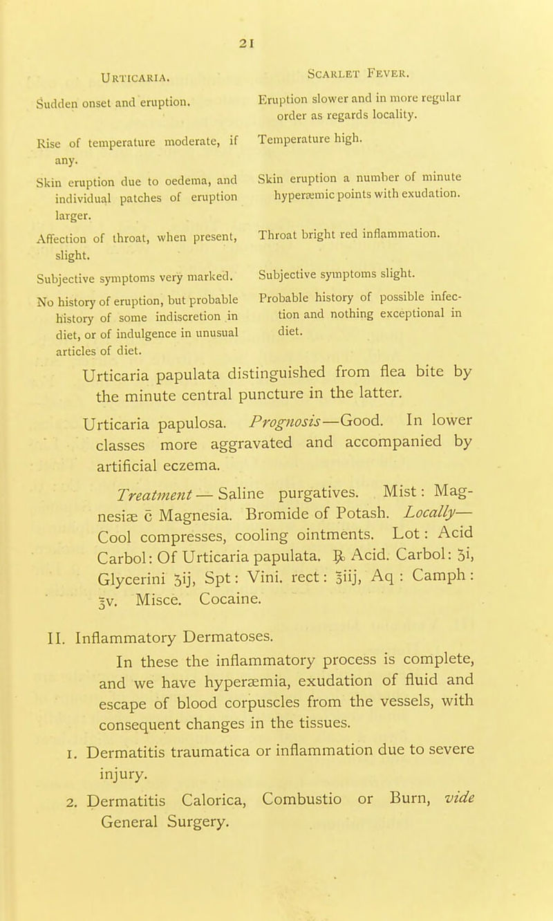 Urticaria. Scarlet Fever. Sudden onset and eruption. Eruption slower and in more regular order as regards locality. Rise of temperature moderate, if Temperature high, any. Skin eruption due to oedema, and Skin eruption a number of minute individual patches of eruption hypersemic points with exudation, larger. Affection of throat, when present, Throat bright red inflammation, slight. Subjective symptoms very marked. Subjective symptoms slight. No history of eruption, but probable Probable history of possible infec- history of some indiscretion in tion and nothing exceptional in diet, or of indulgence in unusual diet. articles of diet. Urticaria papulata distinguished from flea bite by the minute central puncture in the latter. Urticaria papulosa. Prognosis—Good. In lower classes more aggravated and accompanied by artificial eczema. Treatment — Saline purgatives. Mist: Mag- nesias c Magnesia. Bromide of Potash. Locally— Cool compresses, cooling ointments. Lot: Acid Carbol: Of Urticaria papulata. 9, Acid. Carbol: 5i, Glycerini 5ij, Spt: Vini. feet: Biij, Aq : Camph: 5V. Misce. Cocaine. II. Inflammatory Dermatoses. In these the inflammatory process is complete, and we have hyperemia, exudation of fluid and escape of blood corpuscles from the vessels, with consequent changes in the tissues. 1. Dermatitis traumatica or inflammation due to severe injury. 2. Dermatitis Calorica, Combustio or Burn, vide General Surgery.