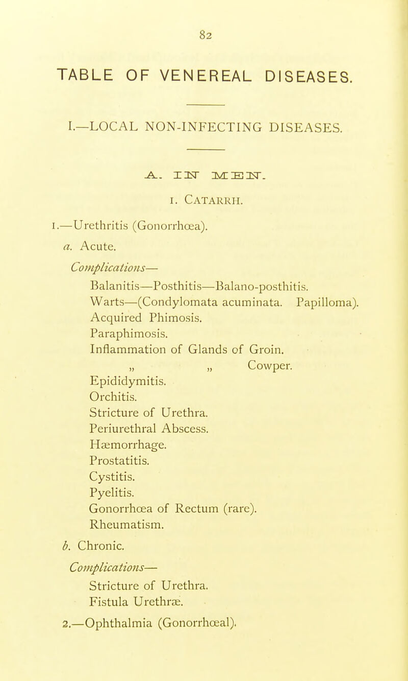 TABLE OF VENEREAL DISEASES. I.—LOCAL NON-INFECTING DISEASES. -A.. I IsT IMIIEIN. i. Catarrh. i.—Urethritis (Gonorrhoea). a. Acute. Complications— Balanitis—Posthitis—Balano-posthitis. Warts—(Condylomata acuminata. Papilloma). Acquired Phimosis. Paraphimosis. Inflammation of Glands of Groin. „ „ Cowper. Epididymitis. Orchitis. Stricture of Urethra. Periurethral Abscess. Haemorrhage. Prostatitis. Cystitis. Pyelitis. Gonorrhoea of Rectum (rare). Rheumatism. b. Chronic. Complications— Stricture of Urethra. Fistula Urethrae. 2.—Ophthalmia (Gonorrhceal).