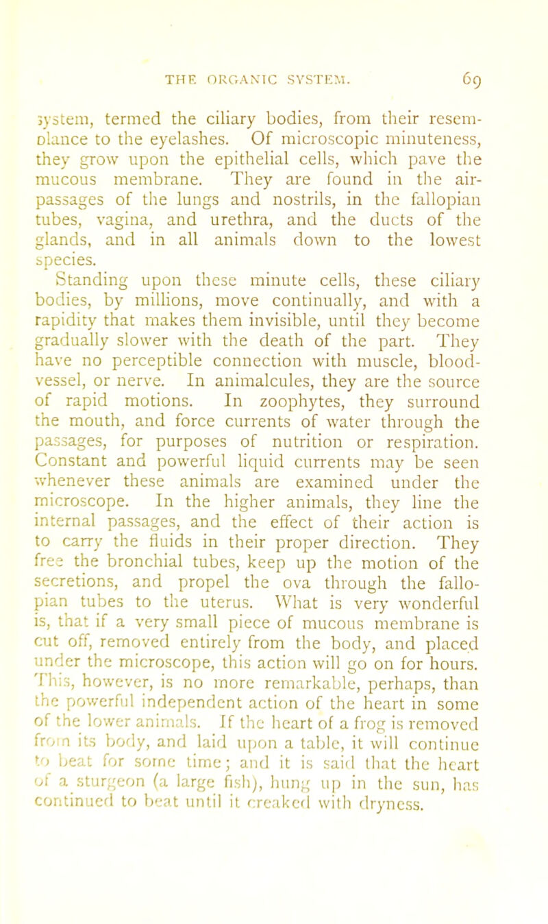 system, termed the ciliary bodies, from their resem- Dlance to the eyelashes. Of microscopic minuteness, they grow upon the epithelial cells, which pave the mucous membrane. They are found in the air- passages of the lungs and nostrils, in the fallopian tubes, vagina, and urethra, and the ducts of the glands, and in all animals down to the lowest species. Standing upon these minute cells, these ciliary bodies, by millions, move continually, and with a rapidity that makes them invisible, until they become gradually slower with the death of the part. They have no perceptible connection with muscle, blood- vessel, or nerve. In animalcules, they are the source of rapid motions. In zoophytes, they surround the mouth, and force currents of water through the passages, for purposes of nutrition or respiration. Constant and powerful liquid currents may be seen whenever these animals are examined under the microscope. In the higher animals, they line the internal passages, and the effect of their action is to carry the fluids in their proper direction. They free the bronchial tubes, keep up the motion of the secretions, and propel the ova through the fallo- pian tubes to the uterus. What is very wonderful is, that if a very small piece of mucous membrane is cut off, removed entirely from the body, and placed under the microscope, this action will go on for hours. This, however, is no more remarkable, perhaps, than the powerful independent action of the heart in some of trie lower animals. If the heart of a frog is removed from its body, and laid upon a table, it will continue to beat for some time; and it is said that the heart of a sturgeon (a large fish;, hung up in the sun, has continued to beat until it creaked with dryness.