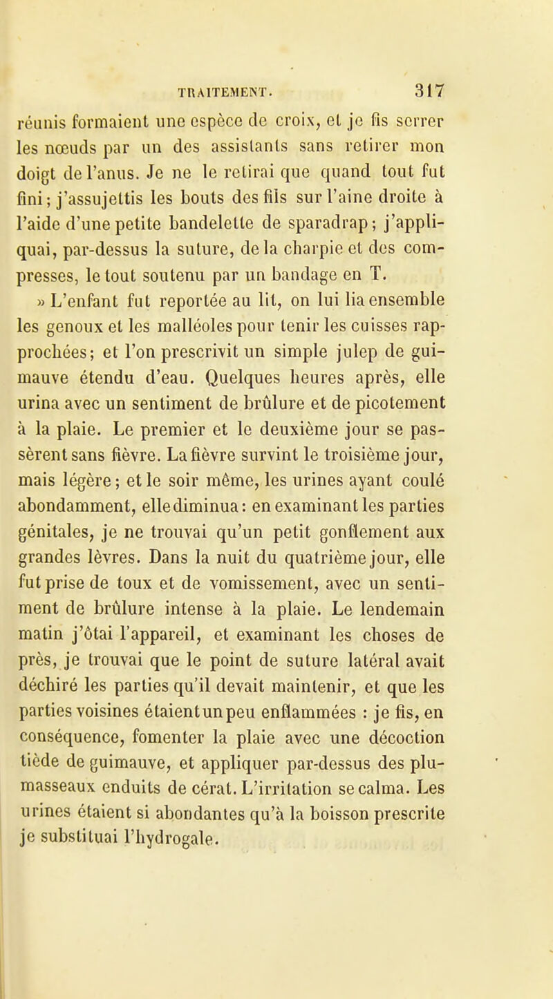 réunis formaient une espèce de croix, et je fis serrer les nœuds par un des assistants sans retirer mon doigt de l'anus. Je ne le retirai que quand tout fut fini; j'assujettis les bouts des fils sur l'aine droite à l'aide d'une petite bandelette de sparadrap; j'appli- quai, par-dessus la suture, delà charpie et des com- presses, le tout soutenu par un bandage en T. » L'enfant fut reportée au lit, on lui lia ensemble les genoux et les malléoles pour tenir les cuisses rap- prochées; et l'on prescrivit un simple julep de gui- mauve étendu d'eau. Quelques heures après, elle urina avec un sentiment de brûlure et de picotement à la plaie. Le premier et le deuxième jour se pas- sèrent sans fièvre. Lafièvre survint le troisième jour, mais légère ; et le soir même, les urines ayant coulé abondamment, elle diminua: en examinant les parties génitales, je ne trouvai qu'un petit gonflement aux grandes lèvres. Dans la nuit du quatrième jour, elle fut prise de toux et de vomissement, avec un senti- ment de brûlure intense à la plaie. Le lendemain matin j'ôtai l'appareil, et examinant les choses de près, je trouvai que le point de suture latéral avait déchiré les parties qu'il devait maintenir, et que les parties voisines étaientunpeu enflammées : je fis, en conséquence, fomenter la plaie avec une décoction tiède de guimauve, et appliquer par-dessus des plu- masseaux enduits de cérat. L'irritation se calma. Les urines étaient si abondantes qu'à la boisson prescrite je substituai l'hydrogale.