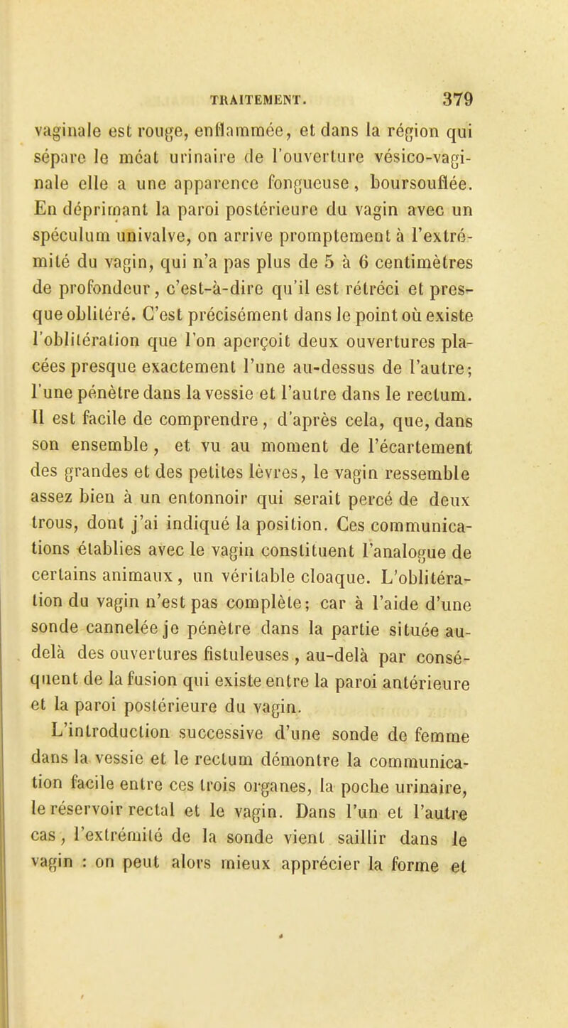 vaginale est rouge, enflammée, et dans la région qui sépare le méat urinaire de l'ouverture vésico-vagi- nale elle a une apparence fongueuse, boursouflée. En déprimant la paroi postérieure du vagin avec un spéculum univalve, on arrive promptement à l'extré- mité du vagin, qui n'a pas plus de 5 à 6 centimètres de profondeur, c'est-k-dire qu'il est rétréci et pres^- que oblitéré. C'est précisément dans le point où existe l'obliléralion que l'on aperçoit deux ouvertures pla- cées presque exactement l'une au-dessus de l'autre; l'une pénètre dans la vessie et l'autre dans le rectum. Il est facile de comprendre, d'après cela, que, dans son ensemble, et vu au moment de l'écartement des grandes et des petites lèvres, le vagin ressemble assez bien à un entonnoir qui serait percé de deux trous, dont j'ai indiqué la position. Ces communica- tions établies avec le vagin constituent l'analogue de certains animaux, un véritable cloaque. L'oblitéra- tion du vagin n'est pas complète; car à l'aide d'une sonde cannelée je pénètre dans la partie située au- delà des ouvertures fîstuleuses , au-delà par consé- quent de la fusion qui existe entre la paroi antérieure et la paroi postérieure du vagin. L'introduction successive d'une sonde de femme dans la vessie et le rectum démontre la communica- tion facile entre ces trois organes, la poche urinaire, le réservoir rectal et le vagin. Dans l'un et l'autre cas, l'extrémité de la sonde vient saillir dans le vagin : on peut alors mieux apprécier la forme et