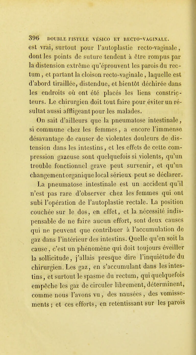 est vrai, surtout pour l'auloplastie recto-vaginale, dont les points de suture tendent à être rompus par la distension extrême qu'éprouvent les parois du rec- tum , et parlant la cloison recto-vaginale, laquelle est d'abord tiraillée, distendue, et bientôt déchirée dans les endroits où ont été placés les liens constric- teurs. Le chirurgien doit tout faire pour éviter un ré- sultat aussi affligeant pour les malades. On sait d'ailleurs que la pneumatose intestinale, si commune chez les femmes, a encore l'immense désavantage de causer de violentes douleurs de dis- tension dans les intestins, et les effets de cette com- pression gazeuse sont quelquefois si violents, qu'un trouble fonctionnel grave peut survenir, et qu'un changement organique local sérieux peut se déclarer. La pneumatose intestinale est un accident qu'il n'est pas rare d'observer chez les femmes qui ont subi l'opération de l'autoplastie rectale. La position couchée sur le dos, en effet, et la nécessité indis- pensable de ne faire aucun effort, sont deux causes qui ne peuvent que contribuer à l'accumulation de gaz dans l'intérieur des intestins. Quelle qu'en soit la cause , c'est un phénomène qui doit toujours éveiller la sollicitude, j'allais presque dire l'inquiétude du chirurgien. Les gaz, en s'accumulant dans les intes- tins, et surtout le spasme du rectum, qui quelquefois empêche les gaz de circuler librement, déterminent, comme nous l'avons vu, des nausées , des vomisse- ments ; et ces efforts, en retentissant sur les parois