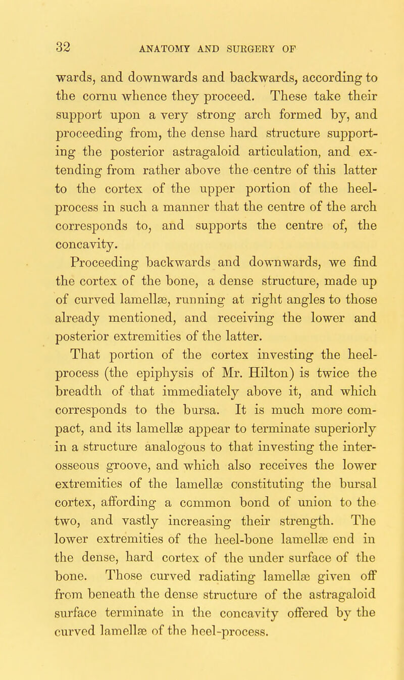 wards, and downwards and backwards, according to the cornu whence thej proceed. These take their support upon a very strong arch formed by, and proceeding from, the dense hard structure suj)port- ing the posterior astragaloid articulation, and ex- tending from rather above the centre of this latter to the cortex of the upper portion of the heel- process in such a manner that the centre of the arch corresponds to, and supports the centre of, the concavity. Proceeding backwards and downwards, we find the cortex of the bone, a dense structure, made up of curved lamellae, running at right angles to those already mentioned, and receiving the lower and posterior extremities of the latter. That portion of the cortex investing the heel- process (the epiphysis of Mr. Hilton) is twice the breadth of that immediately above it, and which corresponds to the barsa. It is much more com- pact, and its lamellae appear to terminate superiorly in a structure analogous to that investing the inter- osseous groove, and which also receives the lower extremities of the lamellae constituting the bursal cortex, affording a common bond of union to the two, and vastly increasing their strength. The lower extremities of the heel-bone lamellse end in the dense, hard cortex of the under surface of the bone. Those curved radiating lamellae given off from beneath the dense structure of the astragaloid surface terminate in the concavity offered by the curved lamellse of the heel-process.