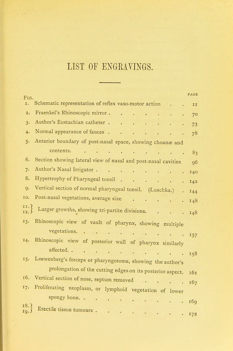 LIST OF ENGKAYINGS. 83 96 140 142 144 PAGE Fig. 1. Schematic representation of reflex vaso-motor action , , 11 2. Fraenkel's Rhinoscopic mirror 3. Author's Eustachian catheter 72 4. Normal appearance of fauces 5. Anterior boundary of post-nasal space, showing choans and contents. 6. Section showing lateral view of nasal and post-nasal cavities 7. Author's Nasal Irrigator 8. Hypertrophy of Pharyngeal tonsil 9. Vertical section of normal pharyngeal tonsil. (Luschka.) 10. Post-nasal vegetations, average size j^g 12!} Larger growths.^showing tri-partite divisions. . , .148 13. Rhinoscopic view of vault of pharynx, showing multiple vegetations 14. Rhinoscopic view of posterior wall of pharynx similarly affected 15. Loewenberg's forceps or pharyngotome, showing the author's prolongation of the cutting edges on its posterior aspect. 161 16. Vertical section of nose, septum removed .... 17. Proliferating neoplasm, or lymphoid vegetation of lower spongy bone iq! I Erectile tissue tumours . 157 158 161 167 i6g 172