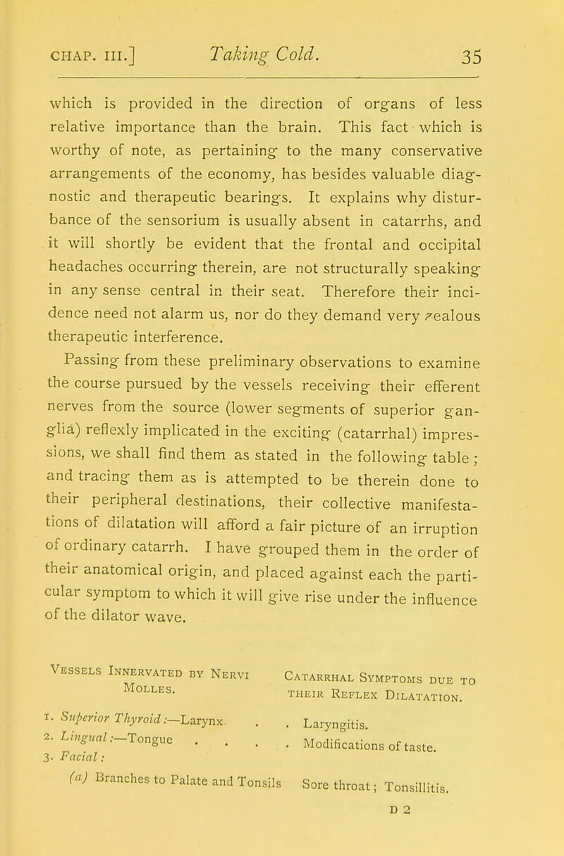 which is provided in the direction of organs of less relative importance than the brain. This fact which is worthy of note, as pertaining; to the many conservative arrang-ements of the economy, has besides valuable diag-- nostic and therapeutic bearing's. It explains why distur- bance of the sensorium is usually absent in catarrhs, and it will shortly be evident that the frontal and occipital headaches occurring- therein, are not structurally speaking in any sense central in their seat. Therefore their inci- dence need not alarm us, nor do they demand very ;^ealous therapeutic interference. Passing from these preliminary observations to examine the course pursued by the vessels receiving- their efferent nerves from the source (lower segments of superior gan- glia) reflexly implicated in the exciting (catarrhal) impres- sions, we shall find them as stated in the following table ; and tracing them as is attempted to be therein done to their peripheral destinations, their collective manifesta- tions of dilatation will afford a fair picture of an irruption of ordinary catarrh. I have grouped them in the order of their anatomical origin, and placed against each the parti- cular symptom to which it will give rise under the influence of the dilator wave. Vessels Innervated by Nervi MOLLES. 'i- Sicperior Thyroid :~Lnrynx 2. Lingual :~'Tong\.\Q 3. Facial : (a) Branches to Palate and Ton Catarrhal Symptoms due to THEIR Reflex Dilatation. . Laryngitis. . Modifications of taste. ils Sore throat; Tonsillitis. D 2