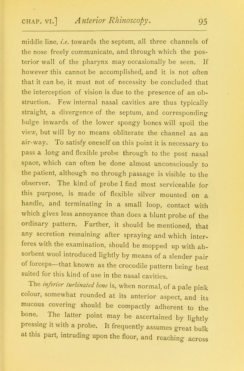 middle line, i.e. towards the septum, all three channels of the nose freely communicate, and through which the pos- terior wall of the pharynx may occasionally be seen. If however this cannot be accomplished, and it is not often that it can be, it must not of necessity be concluded that the interception of vision is due to the presence of an ob- struction. Few internal nasal cavities are thus typically straight, a divergence of the septum, and corresponding bulge inwards of the lower spongy bones will spoil the view, but will by no means obliterate the channel as an air-way. To satisfy oneself on this point it is necessary to pass a long and flexible probe through to the post nasal space, which can often be done almost unconsciously to the patient, although no through passage is visible to the observer. The kind of probe I find most serviceable for this purpose, is made of flexible silver mounted on a handle, and terminating in a small loop, contact with which gives less annoyance than does a blunt probe of the ordinary pattern. Further, it should be mentioned, that any secretion remaining after spraying and which inter- feres with the examination, should be mopped up with ab- sorbent wool introduced lightly by means of a slender pair of forceps—that known as the crocodile pattern being best suited for this kind of use in the nasal cavities. The inferior turbinated bone is, when normal, of a pale pink colour, somewhat rounded at its anterior aspect, and its mucous covering should be compactly adherent to the bone. The latter point may be ascertained by lightly pressing it with a probe. It frequently assumes great bulk at this part, intruding upon the floor, and reaching across