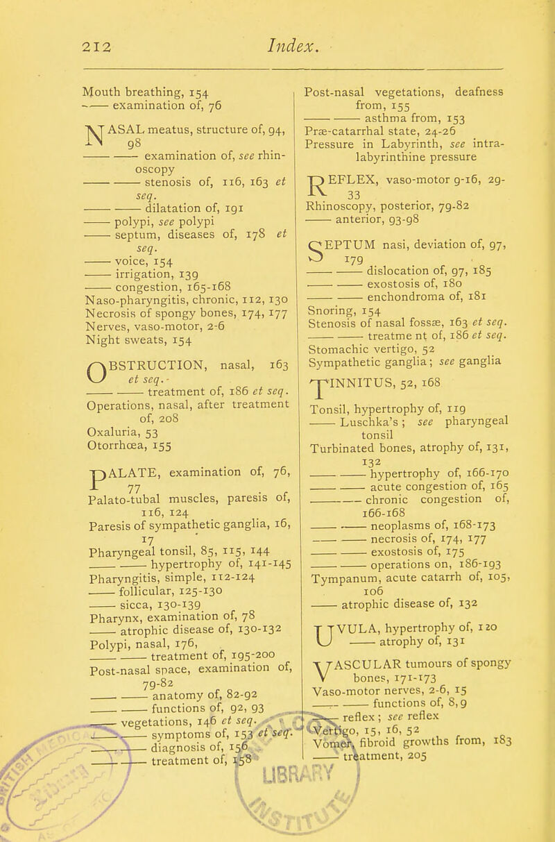 Mouth breathing, 154 examination of, 76 NASAL meatus, structure of, 94, 98 examination of, see rhin- oscopy stenosis of, ii5, 163 seq. dilatation of, 191 et polypi, see polypi septum, diseases of, 178 et seq. voice, 154 irrigation, 139 congestion, 165-168 Naso-pharyngitis, chronic, 112, 130 Necrosis of spongy bones, 174,177 Nerves, vaso-motor, 2-6 Night sweats, 154 OBSTRUCTION, nasal, 163 et seq.■ treatment of, 186 et seq. Operations, nasal, after treatment of, 208 Oxaluria, 53 Otorrhoea, 155 examination of, paresis 76, of, PALATE, 77 Palato-tubal muscles, 116, 124 Paresis of sympathetic ganglia, 16, 17 Pharyngeal tonsil, 85, 115, 144 hypertrophy of, 141-145 Pharyngitis, simple, 112-124 follicular, 125-130 sicca, 130-139 Pharynx, examination of, 78 atrophic disease of, 130-132 Polypi, nasal, 176, treatment of, 195-200 Post-nasal space, examination of, 79-82 . anatomy of, 82-92 functions of, 92, 93 vegetations, 146 et symptoms of, diagnosis of, i treatment of, Post-nasal vegetations, deafness from, 155 asthma from, 153 Prs-catarrhal state, 24-26 Pressure in Labyrinth, see intra- labyrinthine pressure J^EFLEX, vaso-motor 9-16, 29- Rhinoscopy, posterior, 79-82 anterior, 93-98 SEPTUM nasi, deviation of, 97, 179 dislocation of, 97, 185 exostosis of, 180 enchondroma of, 181 Snoring, 154 Stenosis of nasal fossse, 163 et seq. treatme nt of, 186 et seq. Stomachic vertigo, 52 Sympathetic gangha; see ganglia 'pINNITUS, 52, 168 Tonsil, hypertrophy of, 119 Luschka's ; see pharyngeal tonsil Turbinated bones, atrophy of, 131, 132 hypertrophy of, 166-170 acute congestion of, 165 chronic congestion of, 166-168 neoplasms of, 168-173 necrosis of, 174, 177 exostosis of, 175 ■ operations on, 186-193 / Tympanum, acute catarrh of, 105, 106 atrophic disease of, 132 UVULA, hypertrophy of, ieo atrophy of, 131 VASCULAR tumours of spongy bones, 171-173 Vaso-motor nerves, 2-6, 15 functions of, 8,9 lex; sec reflex fibroid growths from, 103 katment, 205