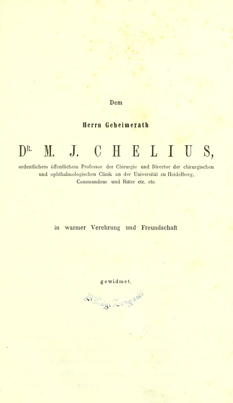 Dem Herrn Gcucimcrath DR M. J. C H E L I ü S, ordentlichem öffentlichem Professor der Chirurgie und Director der chirurgischen und ophthalmologischen Clinik an der Universität zu Heidelberg, Commandern- und Ritter etc. etc. in warmer Verehrung und Freundschaft gewidmet.