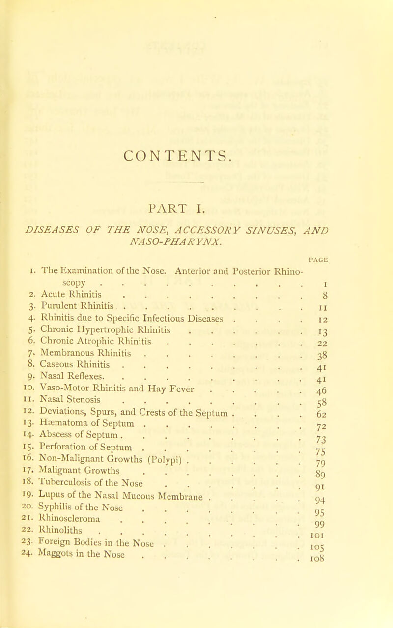 CONTENTS. PART I. DISEASES OF THE NOSE, ACCESSORY SINUSES, AND NASO-PHAR YNX. 1. The Examination of the Nose. Anterior and Poster scopy ..... 2. Acute Rhinitis .... 3. Purulent Rhinitis .... 4. Rhinitis due to Specific Infectious Diseases 5. Chronic Hypertrophic Rhinitis 6. Chronic Atrophic Rhinitis 7. Membranous Rhinitis 8. Caseous Rhinitis .... 9. Nasal Reflexes 10. Vaso-Motor Rhinitis and Hay Fever 11. Nasal Stenosis .... 12. Deviations, Spurs, and Crests of the Se 13. Hrcmatoma of Septum . 14. Abscess of Septum .... 15. Perforation of Septum . 16. Non-Malignant Growths (Polypi) . 17. Malignant Growths 18. Tuberculosis of the Nose 19- Lupus of the Nasal Mucous Membrane 20. Syphilis of the Nose 21. Rhinoscleroma .... 22. Rhinoliths 23. Foreign Bodies in the Nose . 24. Maggots in the Nose ior Rhino I 8 II 12 13 22 38 41 41 46 58 62 72 73 75 79 89 91 94 95 99 lOI 105 loS