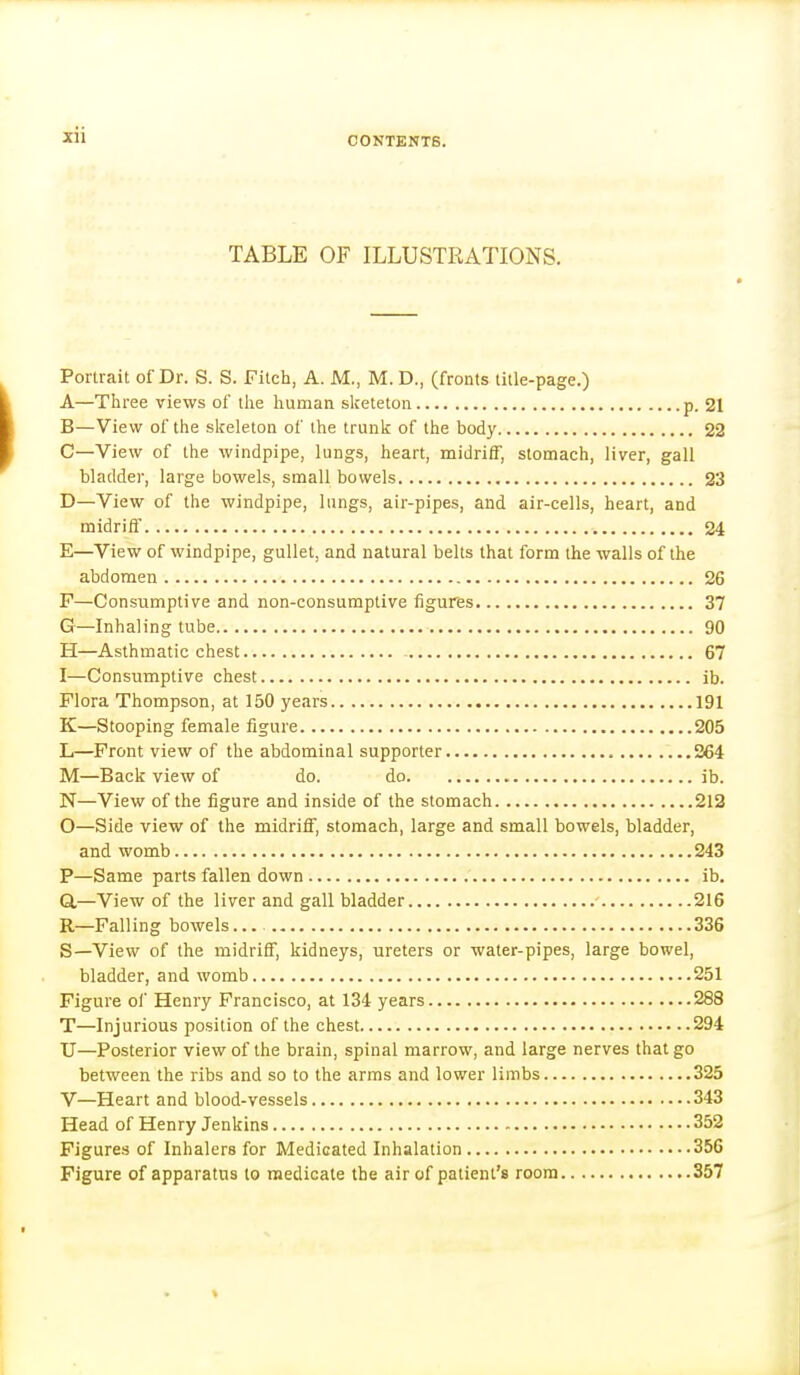 xu TABLE OF ILLUSTRATIONS. Portrait of Dr. S. S. Fitch, A. M., M. D., (fronts title-page.) A—Three views of the human skeleton p. 21 B—View of the skeleton of the trunk of the body 22 C—View of the windpipe, lungs, heart, midriff, stomach, liver, gall bladder, large bowels, small bowels 23 D—View of the windpipe, lungs, air-pipes, and air-cells, heart, and midriff 24 E—View of windpipe, gullet, and natural belts that form the walls of the abdomen 26 P—Consumptive and non-consumptive figures 37 G—Inhaling tube 90 H—Asthmatic chest 67 I—Consumptive chest ib. Flora Thompson, at 150 years 191 K—Stooping female figure 205 L—Front view of the abdominal supporter 264 M—Back view of do. do ib. N—View of the figure and inside of the stomach 212 O—Side view of the midriff, stomach, large and small bowels, bladder, and womb 243 P—Same parts fallen down ib. Q,—View of the liver and gall bladder 216 R—Falling bowels... 336 S—View of the midriff, kidneys, ureters or water-pipes, large bowel, bladder, and womb 251 Figure of Henry Francisco, at 134 years 288 T—Injurious position of the chest 294 U—Posterior view of the brain, spinal marrow, and large nerves that go between the ribs and so to the arms and lower limbs 325 V—Heart and blood-vessels 343 Head of Henry Jenkins 352 Figures of Inhalers for Medicated Inhalation 356 Figure of apparatus to medicate the air of patient's room 357