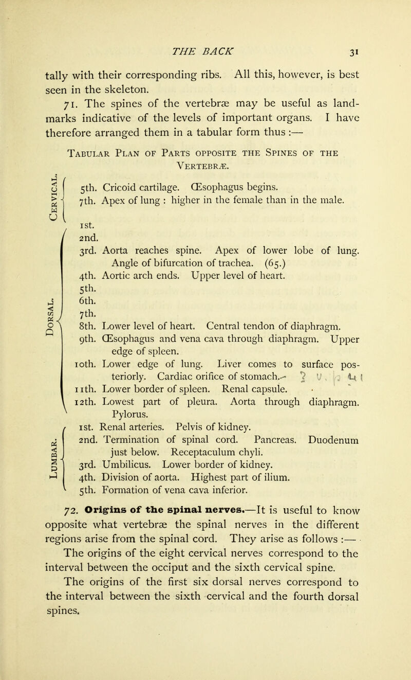 tally with their corresponding ribs. All this, however, is best seen in the skeleton. 71. The spines of the vertebrae may be useful as land- marks indicative of the levels of important organs. I have therefore arranged them in a tabular form thus :— Tabular Plan of Parts opposite the Spines of the Vertebrae. < in , < 3 5th. Cricoid cartilage. CEsophagus begins. 7th. Apex of lung : higher in the female than in the male. 1 St. 2nd. 3rd. Aorta reaches spine. Apex of lower lobe of lung. Angle of bifurcation of trachea. (65.) 4th. Aortic arch ends. Upper level of heart. 5th. 6th. 7 th. 8th. Lower level of heart. Central tendon of diaphragm. 9th. CEsophagus and vena cava through diaphragm. Upper edge of spleen. 10th. Lower edge of lung. Liver comes to surface pos- teriorly. Cardiac orifice of stomach.- J I/, U | nth. Lower border of spleen. Renal capsule. 12th. Lowest part of pleura. Aorta through diaphragm. Pylorus. 1 st. Renal arteries. Pelvis of kidney. 2nd. Termination of spinal cord. Pancreas. Duodenum just below. Receptaculum chyli. 3rd. Umbilicus. Lower border of kidney. 4th. Division of aorta. Highest part of ilium. 5th. Formation of vena cava inferior. 72. Origins of the spinal nerves.—It is useful to know- opposite what vertebrae the spinal nerves in the different regions arise from the spinal cord. They arise as follows :— The origins of the eight cervical nerves correspond to the interval between the occiput and the sixth cervical spine. The origins of the first six dorsal nerves correspond to the interval between the sixth cervical and the fourth dorsal spines.