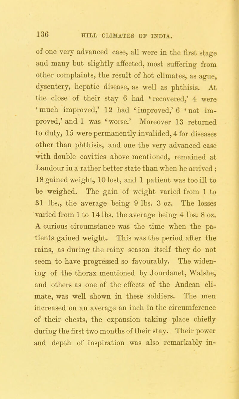 of one very advanced case, all were in the first stage and many but slightly affected, most suffering from other complaints, the result of hot climates, as ague, dysentery, hepatic disease, as well as phthisis. At the close of their stay 6 had 'recovered,' 4 were 'much improved,' 12 had 'improved,'6 'not im- proved,'and 1 was 'worse.' Moreover 13 returned to duty, 15 were permanently invalided, 4 for diseases other than phthisis, and one the very advanced case with double cavities above mentioned, remained at Landour in a rather better state than when he arrived ; 18 gained weight, 10 lost, and 1 patient was too ill to be weighed. The gain of weight varied from 1 to 31 lbs., the average being 9 lbs. 3 oz. The losses varied from 1 to 14 lbs. the average being 4 lbs. 8 oz. A curious circumstance was the time when the pa- tients gained weight. This was the period after the rains, as during the rainy season itself they do not seem to have progressed so favourably. The widen- ing of the thorax mentioned by Jourdanet, Walshe, and others as one of the effects of the Andean cli- mate, was well shown in these soldiers. The men increased on an average an inch in the circumference of their chests, the expansion taking place chiefly during the first two months of their stay. Their power and depth of inspiration was also remarkably in-