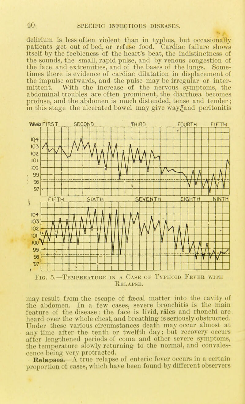 delirium is less often violent than in typhus, but occasionally patients get out of bed, or refuse food. Cardiac failure shows itself by the feebleness of the heart's beat, the indistinctness of the sounds, the small, rapid pulse, and by venous congestion of the face and extremities, and of the bases of the lungs. Some- times there is evidence of cardiac dilatation in displacement of the impulse outwards, and the pulse may be irregular or inter- mittent. With the increase of the nervous symptoms, the abdominal troubles are often prominent, the diarrhoea becomes profuse, and the abdomen is much distended, tense and tender; in this stage the ulcerated bowel may give way,*and peritonitis Ufefo FIRST SECOND THIRD FOURTH FIFTH Fig. 5.—Temperature in a Case of Typhoid Fever with Relapse. may result from the escape of faecal matter into the cavity of the abdomen. In a few cases, severe bronchitis is the main feature of the disease: the face is livid, rales and rhonchi are heard over the whole chest, and breathing is seriously obstructed. Under these various circumstances death may occur almost at anytime after the tenth or twelfth day; but recovery occurs after Lengthened periods of coma and other severe Bymptoms, the temperature slowly returning to the normal, and convales- cence being very protracted. Relapses.—A true relapse of enteric fever occurs in a certain proportion of cases, which have been found by different observers