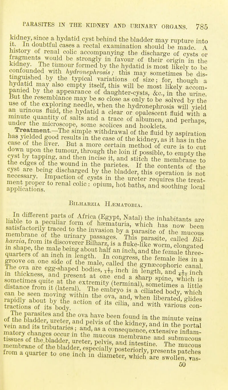 kidney, since a hydatid cyst behind the bladder may rupture into it. In doubtful cases a rectal examination should be made A history of renal colic accompanying the discharge of cyst's or fragments would be strongly in favour of their origin in the kidney. The tumour formed by the hydatid is most likely to be confounded with hydronephrosis; this may sometimes be dis- tinguished by the typical variations of size; for, though a hydatid may also empty itself, this will be most likely accom- ffiSo y i ,aPPearan(* of daughter-cysts, &c, in the urine. the lesemblance may be so close as only to be solved by the use of the exploring needle, when the hydronephrosis will yield an urinous fluid, the hydatid a clear or opalescent fluid with a minute quantity of salts and a trace of albumen, and peThaps under the microscope, some scolices and hooklets peiIiaPs> h Jreaitf1int-^The s,imple withdl,awal of the fluid by aspiration casVoiS SZr Tfin the CaSe+°f the Mdne*> as » has inSe case of the liver. But a more certain method of cure is to cut cvTK11 ^ tUm^' thl'°Ugh the l0in if Possible> ^ empty the cyst by tapping, and then incise it, and stitch the membrane to the edges of the wound in the parietes. If the contents of the cyst are being discharged by the bladder, this operation to not necessary. Impaction of cysts in the ureter requires the treat SLS'S:t0 renal C°liC : °PiUm' h0t baths' an Bootogtct BlLHAKZIA H^EMATOBIA. In different parts of Africa (Egypt, Natal) the inhabitants ire liable to a peculiar form of hematuria, which has 1 Wn satisfactorily traced to the invasion by a pSte of thl Lt membrane of the urinary passages^^ called S harzm, from its discoverer Bilharz, is a fluke-like worm e ongated m shape, the male being about half an inch, and quarters of an inch in length. In congress thVfc™^ r ■ groove on one side of the^male, ^S^S!'^^^ The parasites and the ova have been fVmnrl in ™- tissues of the bladder, ureter pelvis andTr^w- ^J}*™™0™