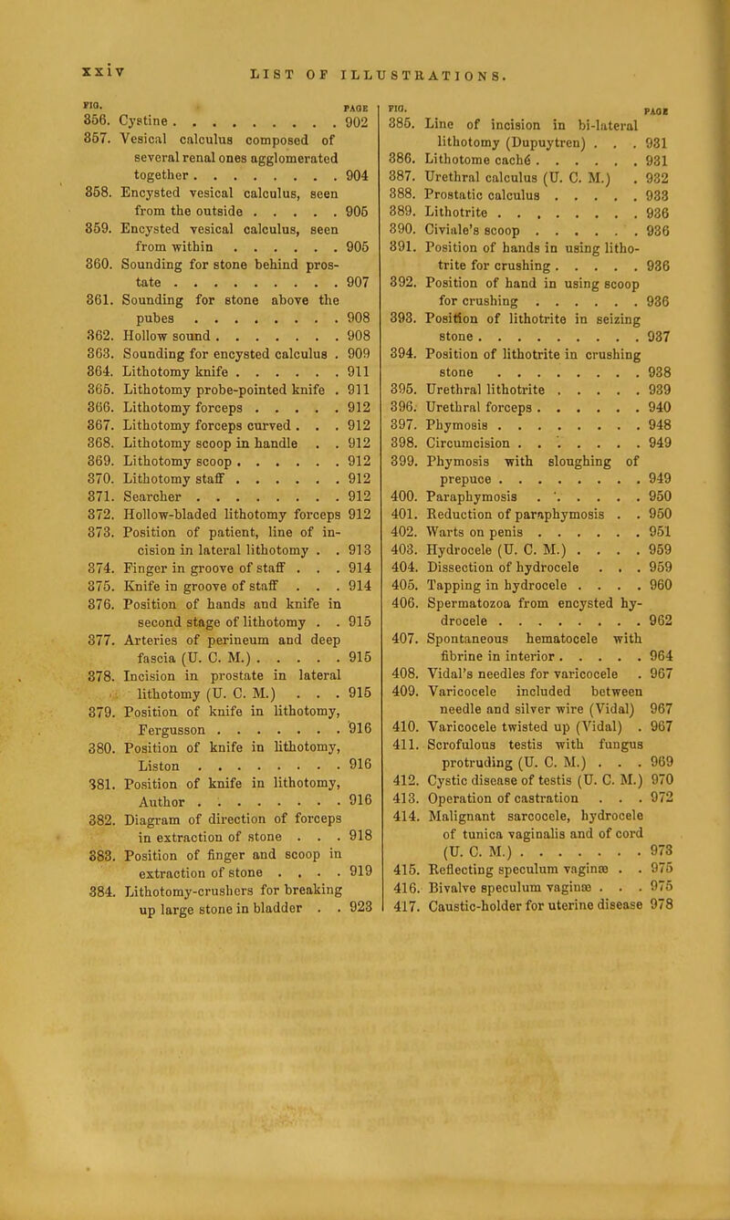PAOE 356. Cystine 902 867. Vesical calculus composed of several renal ones agglomerated together 904 858. Encysted vesical calculus, seen from the outside 905 359. Encysted vesical calculus, seen from within 905 360. Sounding for stone behind pros- tate 907 361. Sounding for stone above the pubes 908 362. Hollow sound 908 303. Sounding for encysted calculus . 909 364. Lithotomy knife 9U 366. Lithotomy probe-pointed knife . 911 366. Lithotomy forceps 912 367. Lithotomy forceps curved . . . 912 368. Lithotomy scoop in handle . . 912 369. Lithotomy scoop 912 370. Lithotomy staflf 912 371. Searcher 912 372. Hollow-bladed lithotomy forceps 912 873. Position of patient, line of in- cision in lateral lithotomy . .913 374. Finger in groove of staff . . . 914 375. Knife in groove of staff . . . 914 376. Position of hands and knife in second stage of lithotomy . . 915 377. Arteries of perineum and deep fascia (U. C. M.) 915 878. Incision in prostate in lateral lithotomy (U. C. M.) ... 915 379. Position of knife in lithotomy, Fergusson 916 380. Position of knife in lithotomy, Liston 916 S81. Position of knife in lithotomy. Author . 916 382. Diagram of direction of forceps in extraction of stone . . . 918 383. Position of finger and scoop in extraction of stone . . . .919 384. Lithotomy-crushers for breaking up large stone in bladder . . 923 885. Lino of incision in bi-lateral lithotomy (Dupuytren) . . . 931 386. Lithotome cach6 981 387. Urethral calculus (U. C. M.) . 932 388. Prostatic calculus 933 389. Lithotrite 986 390. Civiale's scoop 936 891. Position of hands in using litho- trite for crushing 936 392. Position of hand in using scoop for crushing 936 393. Position of lithotrite in seizing stone 937 394. Position of lithotrite in crushing stone 938 395. Urethral lithotrite 939 396. Urethral forceps 940 397. Phymosis 948 398. Circumcision ....... 949 399. Phymosis with sloughing of prepuce 949 400. Paraphymosia . ' 950 401. Reduction of paraphymosis . . 950 402. Warts on penis 951 403. Hydrocele (U. C. M.) .... 959 404. Dissection of hydrocele . , • 959 405. Tapping in hydrocele .... 960 406. Spermatozoa from encysted hy- drocele 962 407. Spontaneous hematocele with fibrine in interior 964 408. Vidal's needles for varicocele . 967 409. Varicocele included between needle and silver wire (Vidal) 967 410. Varicocele twisted up (Vidal) . 967 411. Scrofulous testis with fungus protruding (U. CM.). . . 969 412. Cystic disease of testis (U. C. M.) 970 413. Operation of castration . . . 972 414. Malignant sarcocele, hydrocele of tunica vaginalis and of cord (U. C. M.) 973 415. Reflecting speculum vaginsa . . 975 416. Bivalve speculum vaginas . . . 975 417. Caustic-holder for uterine disease 978