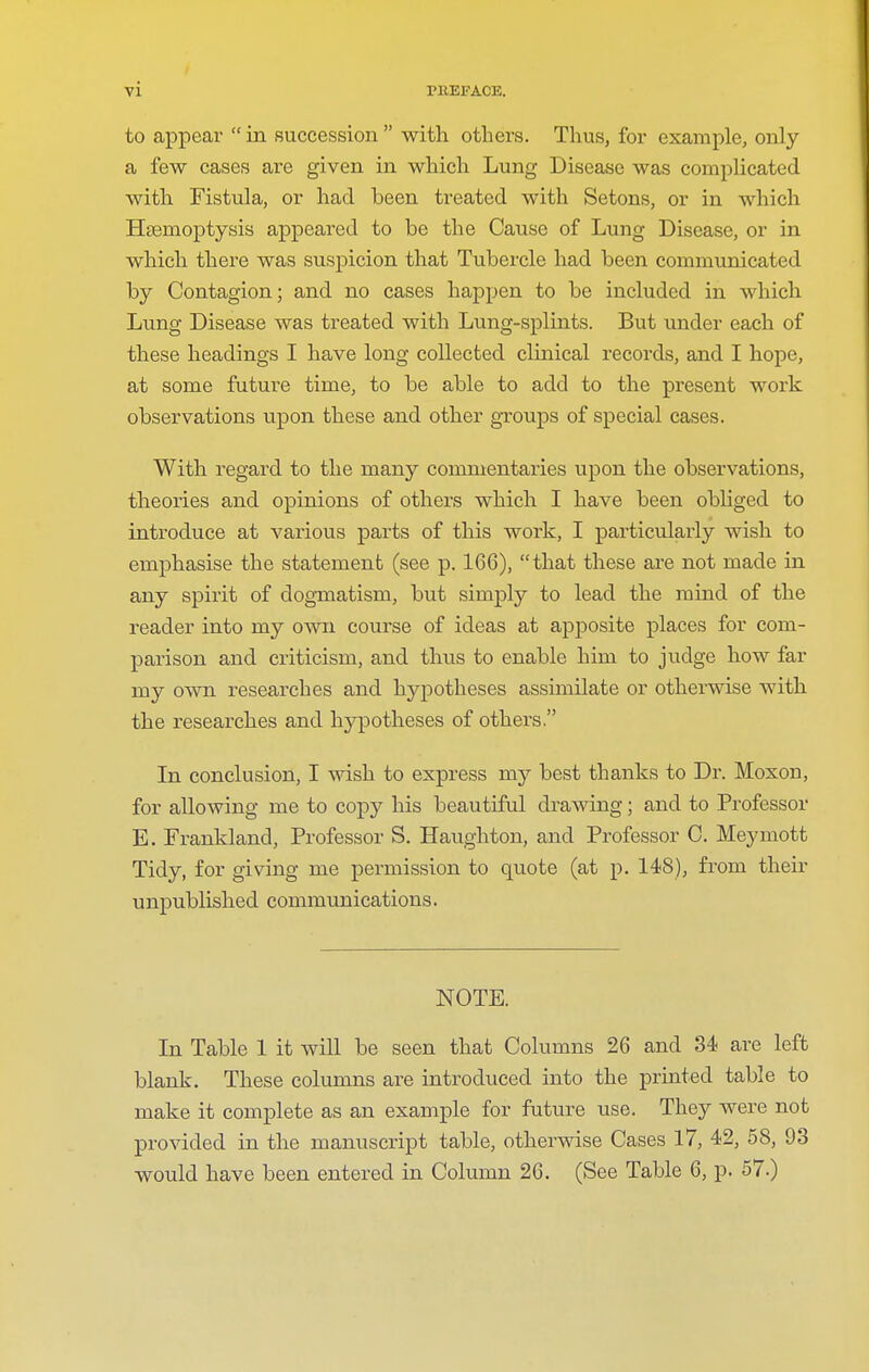 to appear  in succession  with others. Thus, for example, only a few cases are given in which Lung Disease was complicated with Fistula, or had been treated with Setons, or in which Haemoptysis appeared to be the Cause of Lung Disease, or in which there was suspicion that Tubercle had been communicated by Contagion; and no cases happen to be included in which Lung Disease was treated with Lung-splints. But imder each of these headings I have long collected clinical records, and I hope, at some future time, to be able to add to the present work observations upon these and other groups of special cases. With regard to the many commentaries upon the observations, theories and opinions of others which I have been obliged to introduce at various parts of this work, I particularly wish to emphasise the statement (see p. 166), that these are not made in any spirit of dogmatism, but simply to lead the mind of the reader into my own course of ideas at apposite places for com- parison and criticism, and thus to enable him to judge how far my own researches and hypotheses assimilate or otherwise with the researches and hypotheses of others. In conclusion, I wish to express my best thanks to Dr. Moxon, for allowing me to copy his beautiful drawing; and to Professor E. Frankland, Professor S. Haughton, and Professor 0. Meymott Tidy, for giving me permission to quote (at p. 148), from their unpublished communications. NOTE. In Table 1 it will be seen that Columns 26 and 34 are left blank. These columns are introduced into the printed table to make it complete as an example for future use. They were not provided in the manuscript table, otherwise Cases 17, 42, 58, 93 would have been entered in Column 26. (See Table 6, p. 57.)