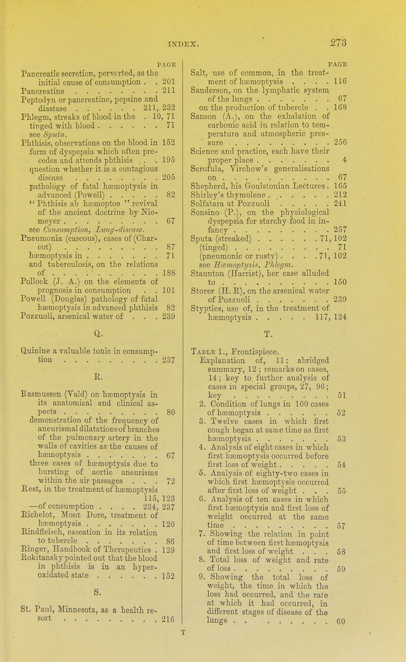 PAGE Pancreatic secretion, perverted, as the initial cause of consumption . .201 Pancreatine • • .211 Peptodyn or pancreatine, pepsine and diastase 211, 232 Phlegm, streaks of blood in the . 10,71 tinged -witli blood 71 see Sputa. Phthisis, obseiTations on the blood in 152 form of dyspepsia which often pre- cedes and attends phthisis . . 195 question whether it is a contagious disease 205 pathology of fatal hoemoptysis in advanced (Powell) 82 Phthisis ab haBmoptoe revival of the ancient doctrine by Nie- meyer 67 see Consumption, Lung-disease. Pneumonia (caseous), cases of (Char- cot) 87 haemoptysis in 71 and tuberculosis, on the relations of ... 188 Pollock (J. A.) on the elements of prognosis in consumption . . 101 Powell (Douglas) pathology of fatal hEemoptysis in advanced phthisis 82 Pozzuoli, arsenical water of . . .239 Q. Quinine a valuable tonic in consump- tion 237 E. Easmussen (Vald) on hsemoptysis in its anatomical and clinical as- pects 80 demonstration of the frequency of aneurismal dilatations of branches of the pulmonary artery in the walls cf cavities as the causes of hasmoptysis 67 three cases of hajmoptysis due to bursting of aortic aneurisms within the air passages ... 72 Eest, in the treatment of hoemoptysis 115, 123 —of consumption .... 234, 237 Eichelot, Mont Dore, treatment of hoemoptysis 120 Eindfleisch, caseation in its relation to tubercle 86 Einger, Handbook of Therapeutics . 129 Eokitanslsy pointed out that the blood in phthisis is in an hyper- oxidated state 152 S. St. Paul, Minnesota, as a health re- sort 210 PAGE Salt, use of common, in the treat- ment of hoemoptysis . . . .116 Sanderson, on the lymphatic system of the lungs 67 on the production of tubercle . . 168 Sanson (A.), on the exhalation of carbonic acid in relation to tem- perature and atmospheric pres- sure 256 Science and practice, each have their proper place 4 Scrofula, Virchow's generalisations on 67 Shepherd, his Goulstonian Lectures . 165 Shirley's thymolene 212 Solfatara at Pozzuoli 241 Sonsino (P.), on the physiological dyspepsia for starchy food in in- fancy . . . 257 Sputa (streaked) 71,102 (tinged) 71 (pneumonic or rusty). . . .71, 102 see Hwmoptysis, Phlegm. Staunton (Harriet), her case alluded to 150 Storer (H. E), on the arsenical water of Pozzuoli . . 239 Styptics, use of, in the treatment of hfflmoptysis 117, 124 T. Table 1., Frontispiece. Explanation of, 11; abridged summary, 12 ; remarks on cases, 14; key to, further analysis of cases in special groups, 27, 96; key 51 2. Condition of lungs in 100 cases of hoemoptysis 52 3. Twelve cases in which first cough began at same time as first hajmoptysis 53 4. Analysis of eight cases in which first haemoptysis occurred before first loss of weight 54 6. Analysis of eighty-two cases in which first hoemoptysis occurred after first loss of weight ... 55 6. Analysis of ten cases in which first hoemoptysis and first loss of weight occurred at the same time 57 7. Showing the relation in point of time between first hoemoptysis and first loss of weight ... 68 8. Total loss of weight and rate of loss 59 9. Showing the total loss of weight, the time in which the loss had occurred, and the rate at which it had occurred, in different stages of disease of the lungs 60