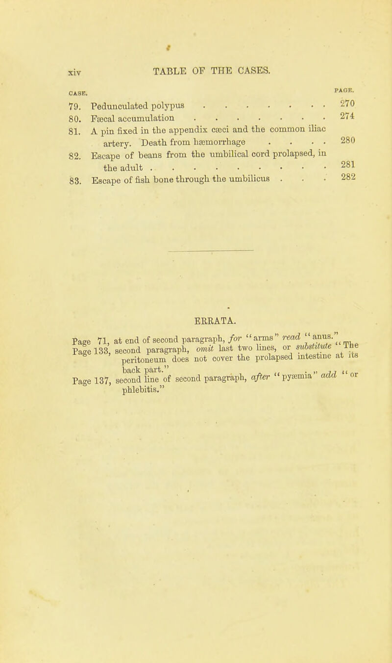 oa.se. PAOE- 79. Pedunculated polypus 270 80. Faecal accumulation 274 81. A pin fixed in the appendix cseci and the common iliac artery. Death from haemorrhage . . . . 280 82. Escape of beans from the umbilical cord prolapsed, in the adult . . . .' 281 83. Escape of fish bone through the umbilicus . . . 282 ERRATA. Page 71, at end of second paragraph, for arms read anus. Page 133, second paragraph, <mU last two lines, or substitvte lhe peritoneum does not cover the prolapsed intestine at its back part. , „ ,(„ Page 137, second fine of second paragraph, after pyemia add or phlebitis.