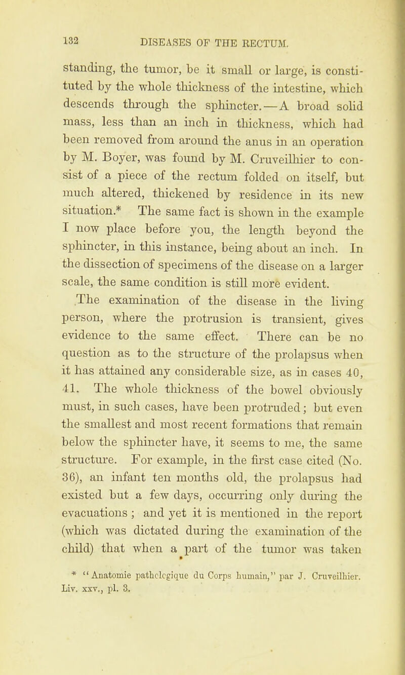 standing, the tumor, be it small or large, is consti- tuted by the whole thickness of the intestine, which descends through the sphincter.—A broad solid mass, less than an inch in thickness, which had been removed from around the anus in an operation by M. Boyer, was found by M. Cruveilhier to con- sist of a piece of the rectum folded on itself, but much altered, thickened by residence in its new situation* The same fact is shown in the example I now place before you, the length beyond the sphincter, in this instance, being about an inch. In the dissection of specimens of the disease on a larger scale, the same condition is still more evident. The examination of the disease in the living person, where the protrusion is transient, gives evidence to the same effect. There can be no question as to the structure of the prolapsus when it has attained any considerable size, as in cases 40, 41, The whole thickness of the bowel obviously must, in such cases, have been protruded; but even the smallest and most recent formations that remain below the sphincter have, it seems to me, the same structure. For example, in the first case cited (No. 36), an infant ten months old, the prolapsus had existed but a few clays, occurring only during the evacuations ; and yet it is mentioned in the report (which was dictated during the examination of the child) that when a part of the tumor was taken *  Anatomie pathclcgique du Corps lmiiiain, par J. Cruveilhier. Liv. xxv., pi. 3.