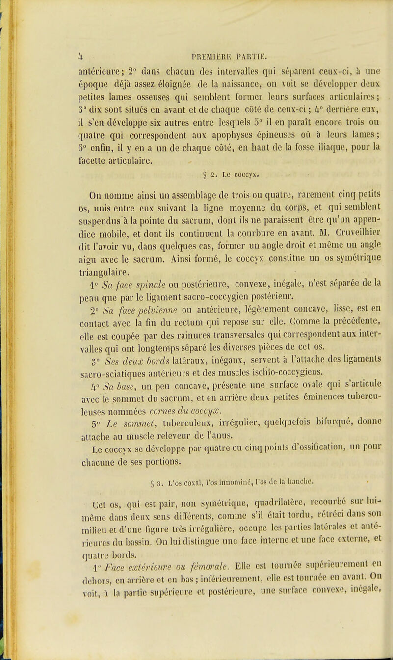 antérieure; 2° dans chacun des intervalles qui séparent ceux-ci, à une époque déjà assez éloignée de la naissance, on voit se développer deux petites lames osseuses qui semblent former leurs surfaces articulaires; 3° dix sont situés en avant et de chaque côté de ceux-ci ; U° derrière eux, il s'en développe six autres entre lesquels 5° il en paraît encore trois ou quatre qui correspondent aux apophyses épineuses où à leurs lames; 6° enfin, il y en a un de chaque côté, en haut de la fosse iliaque, pour la facette articulaire. S 2. Le coccyx. On nomme ainsi un assemblage de trois ou quatre, rarement cinq petits Os, unis entre eux suivant la ligne moyenne du corps, et qui semblent suspendus à la pointe du sacrum, dont ils ne paraissent être qu'un appen- dice mobile, et dont ils continuent la courbure en avant. M. Cruveilhier dit l'avoir vu, dans quelques cas, former un angle droit et même un angle aigu avec le sacrum. Ainsi formé, le coccyx constitue un os symétrique triangulaire. 1° Sa face spinale ou postérieure, convexe, inégale, n'est séparée de la peau que par le ligament sacro-coccygien postérieur. 2° Sa face pelvienne ou antérieure, légèrement concave, lisse, est en contact avec la fin du rectum qui repose sur elle. Comme la précédente, elle est coupée par des rainures transversales qui correspondent aux inter- valles qui ont longtemps séparé les diverses pièces de cet os. 3° Ses deux bords latéraux, inégaux, servent à l'attache des ligaments sacro-sciatiques antérieurs et des muscles ischio-coccygiens. k° Sa base, un peu concave, présente une surface ovale qui s'articule avec le sommet du sacrum, et en arrière deux petites éminences tubercu- leuses nommées cornes du coccyx. 5° Le sommet, tuberculeux, irrégulier, quelquefois bifurqué, donne attache au muscle releveur de l'anus. Le coccyx se développe par quatre ou cinq points d'ossification, un pour chacune de ses portions. § 3. L'os coxal, l'os innommé, l'os de la lianclic. Cet os, qui est pair, non symétrique, quadrilatère, recourbé sur lui- même dans deux sens différents, comme s'il était tordu, rétréci dans son milieu et d'une figure très irrégulière, occupe les parties latérales et anté- rieures du bassin, On lui dislingue une face interne et une face externe, et quatre bords. 1 Face extérieure ou fémorale. Elle est tournée supérieurement en dehors, en arrière et en bas ; inférieurement, elle est tournée en avant. On voit, à la partie supérieure et postérieure, une surface convexe, inégale,