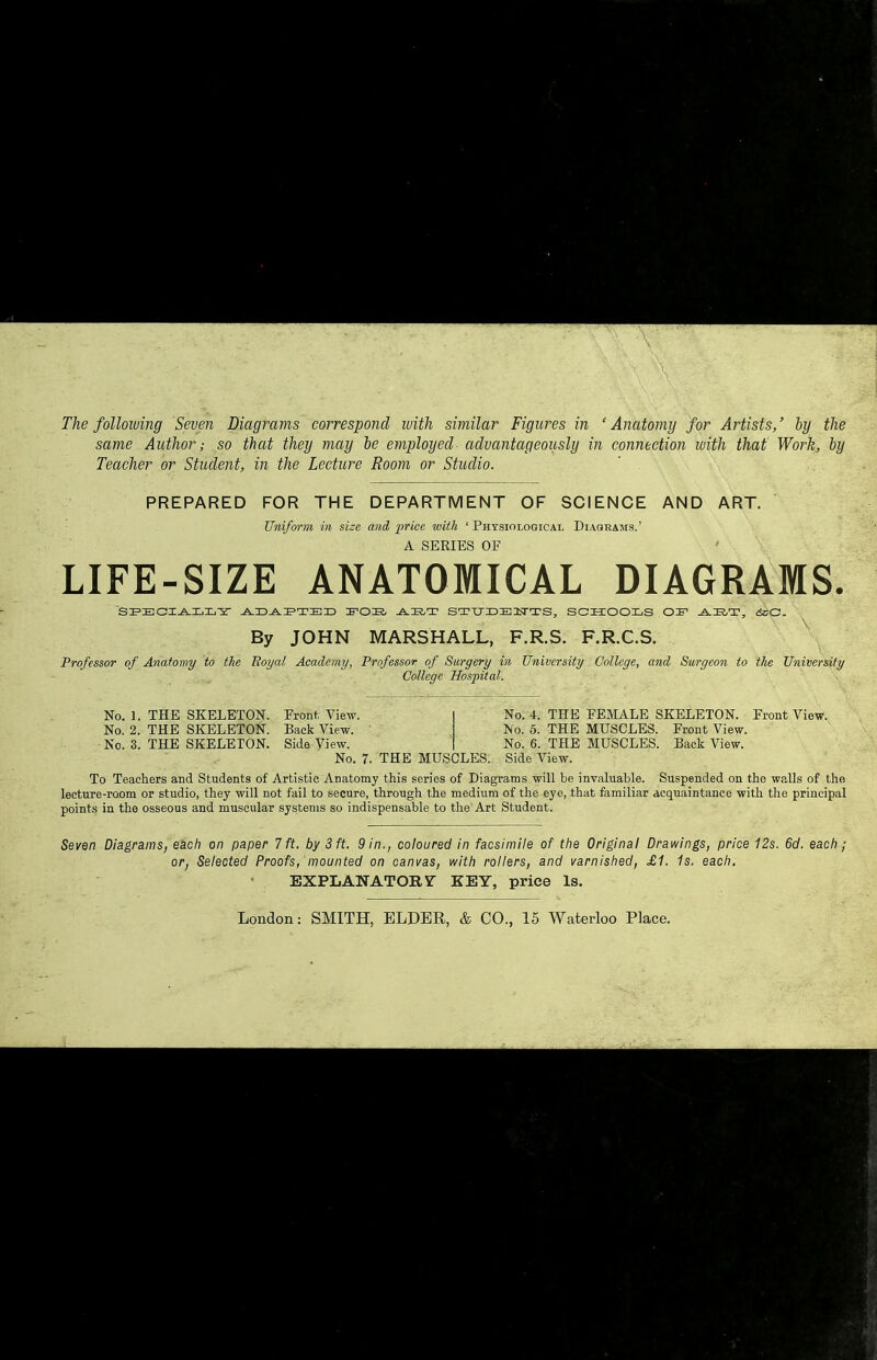 The following Seven Diagrams correspond with similar Figures in 'Anatomy for Artists,' by the same Author; so that they may be employed- advantageously in connection with that Work, by Teacher or Student, in the Lecture Room or Studio. PREPARED FOR THE DEPARTMENT OF SCIENCE AND ART. Uniform in size and price with ' Physiological Diagrams.' A SERIES OF LIFE-SIZE ANATOMICAL DIAGRAMS. SPECIALLY ADAPTED 3TOIR/ A:R,T STUDENTS, SCHOOLS OF AE.T, &SC By JOHN MARSHALL, F.R.S. F.R.C.S. Professor of Anatomy to the Royal Academy, Professor of Surgery in University College, and Surgeon to the University College Hospital. No. 1. THE SKELETON. Front, View. No. 2. THE SKELETON. Back View. No. 3. THE SKELETON. Side View. No. 4. THE FEMALE SKELETON. Front View. No. 5. THE MUSCLES. Front View. No. 6. THE MUSCLES. Back View. No. 7. THE MUSCLES. Side View. To Teachers and Students of Artistic Anatomy this series of Diagrams will be invaluable. Suspended on the walls of the lecture-room or studio, they will not fail to secure, through the medium of the eye, that familiar acquaintance with the principal points in the osseous and muscular systems so indispensable to the Art Student. Seven Diagrams, each on paper 7 ft. by 3 ft. 9 in., coloured in facsimile of the Original Drawings, price 12s. 6d. each; or, Selected Proofs, mounted on canvas, with rollers, and varnished, £1. 1s. each. EXPLANATORY KEY, price Is. London: SMITH, ELDER, & CO., 15 Waterloo Place.